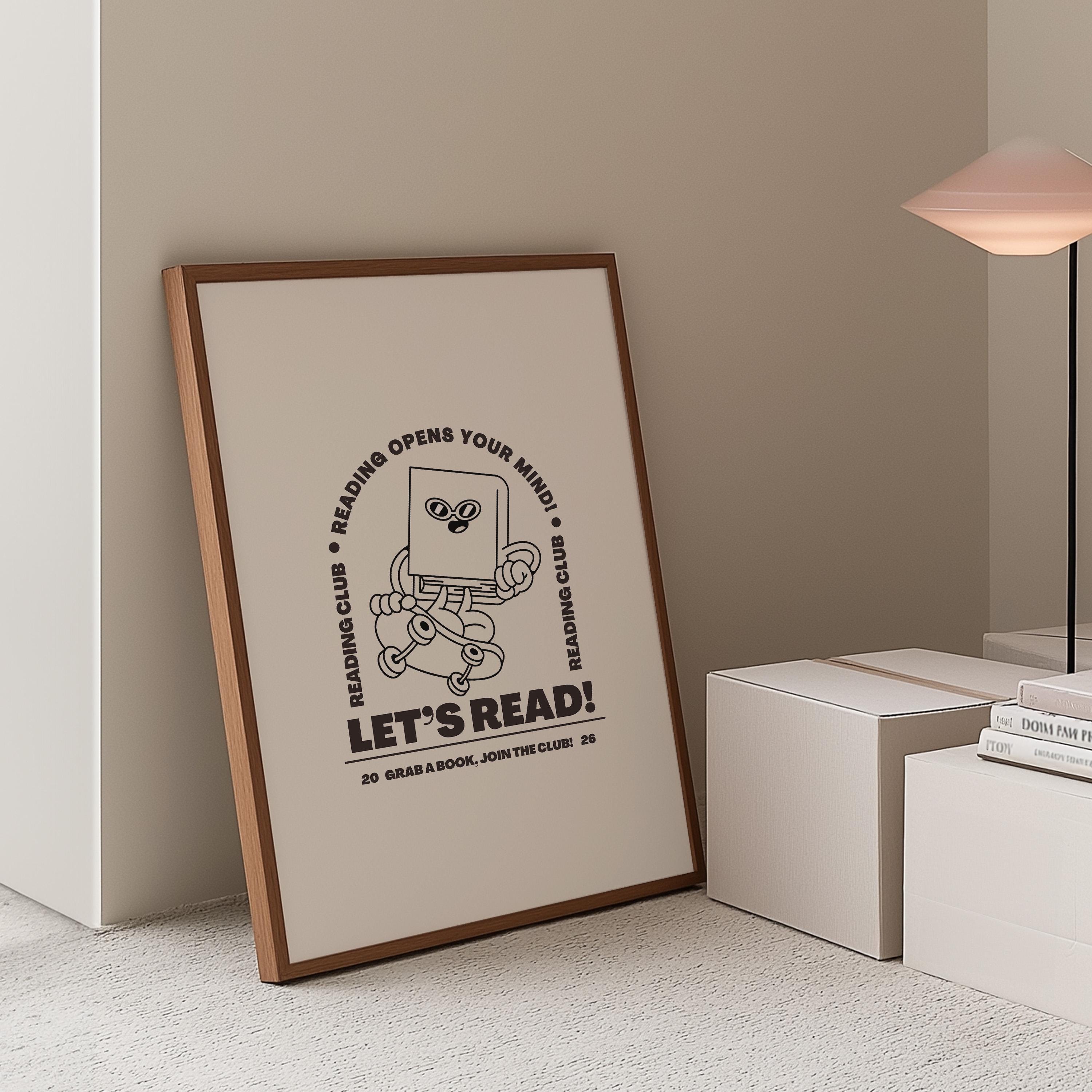 Book Club Art Print - Cute Retro Classroom Art, Funky Groovy Blue Poster, Book Cartoon, Retro Mascot Wall Decor for Kids
