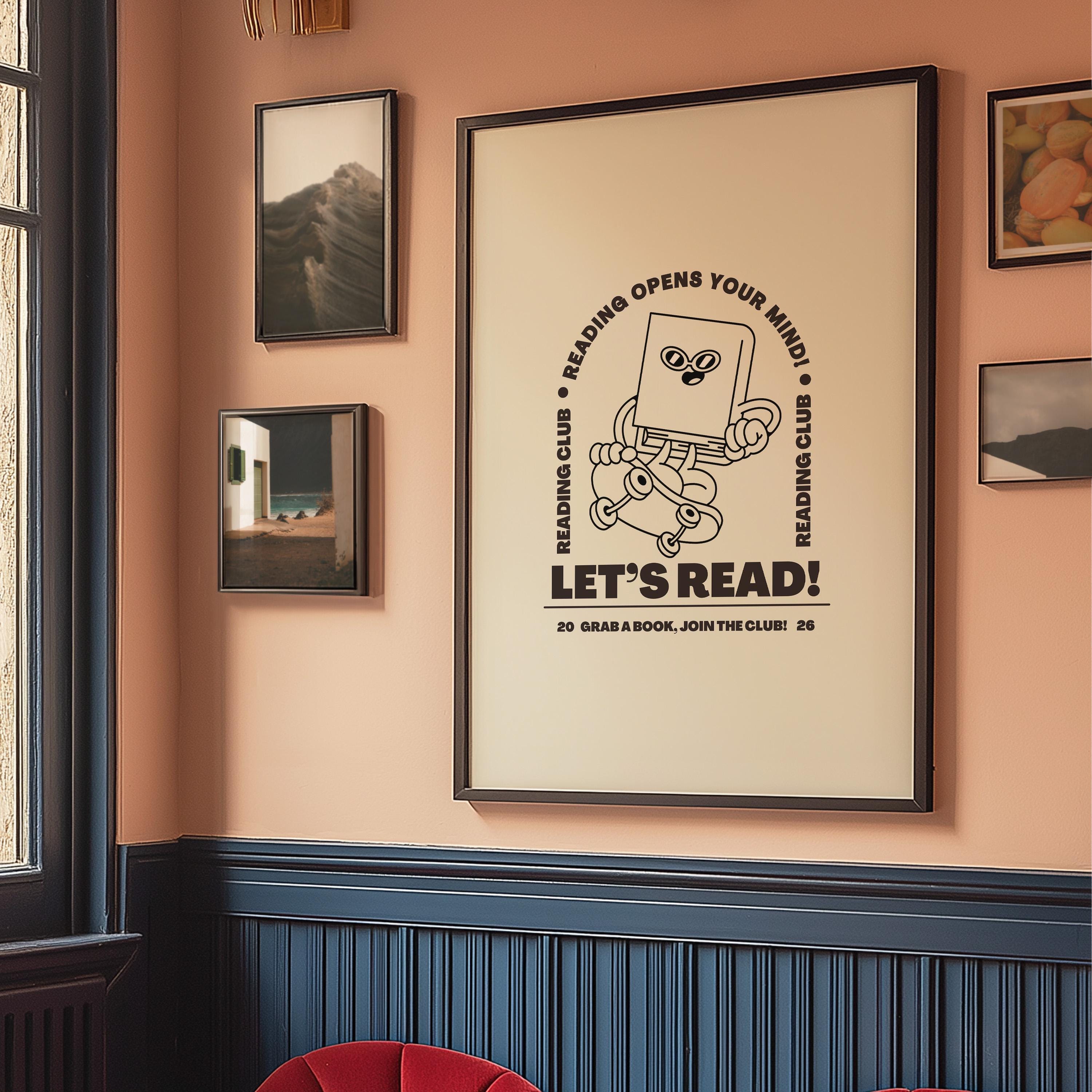 Book Club Art Print - Cute Retro Classroom Art, Funky Groovy Blue Poster, Book Cartoon, Retro Mascot Wall Decor for Kids