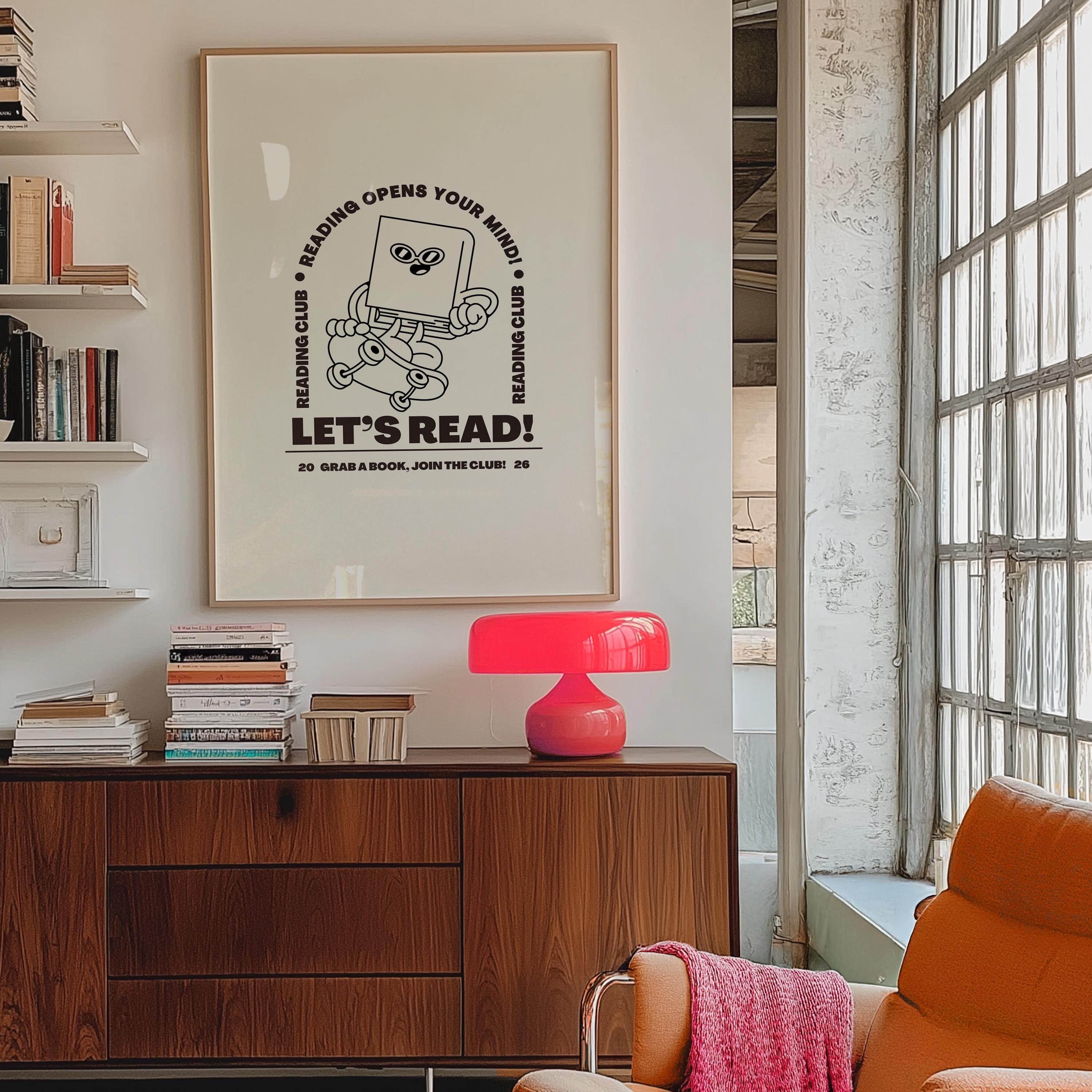 Book Club Art Print - Cute Retro Classroom Art, Funky Groovy Blue Poster, Book Cartoon, Retro Mascot Wall Decor for Kids