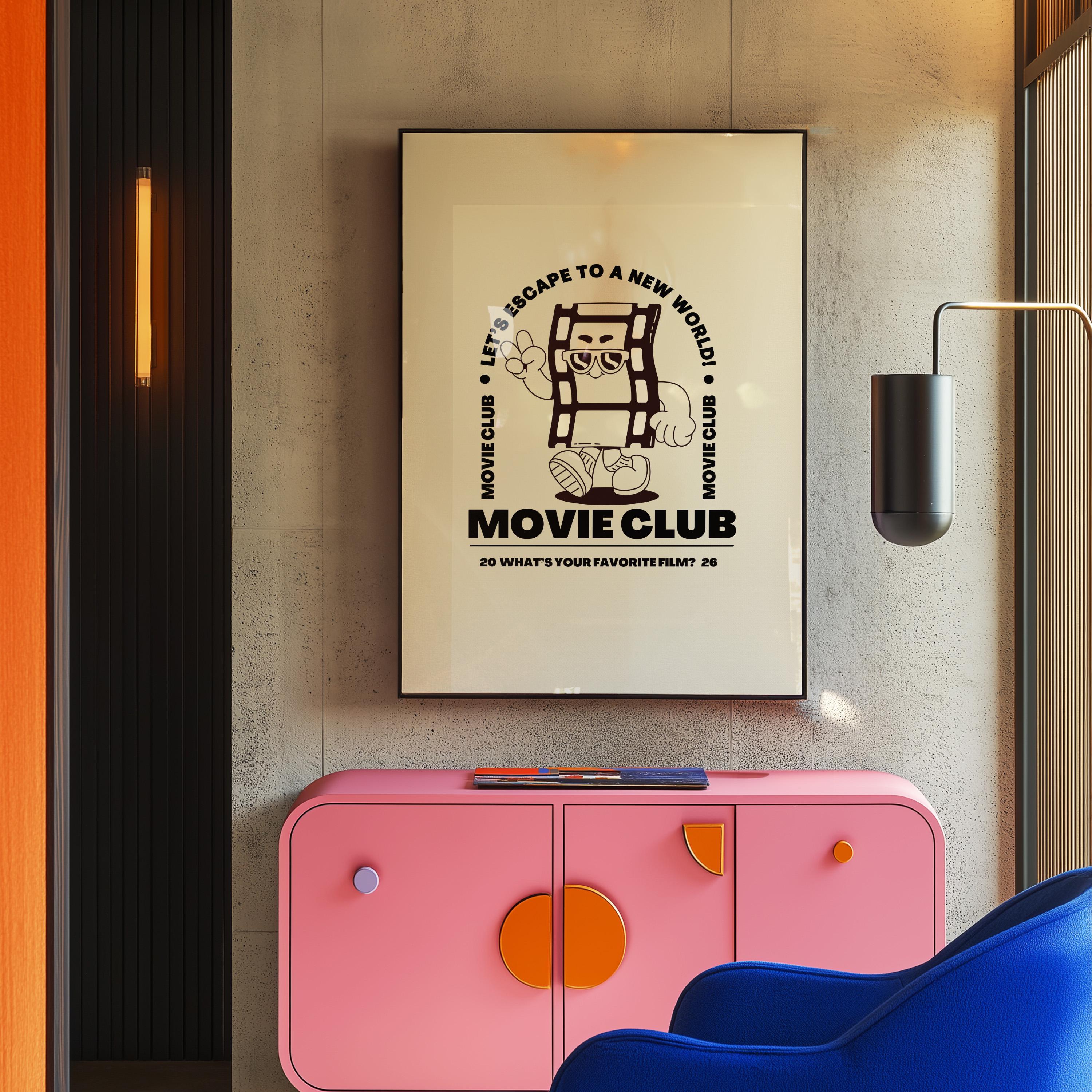 Movie Club Art Print, Cute Retro Print, Gift for Movie Lovers, Vintage Mascot Print, Movie Night Poster, Positive Art, Living Room Art