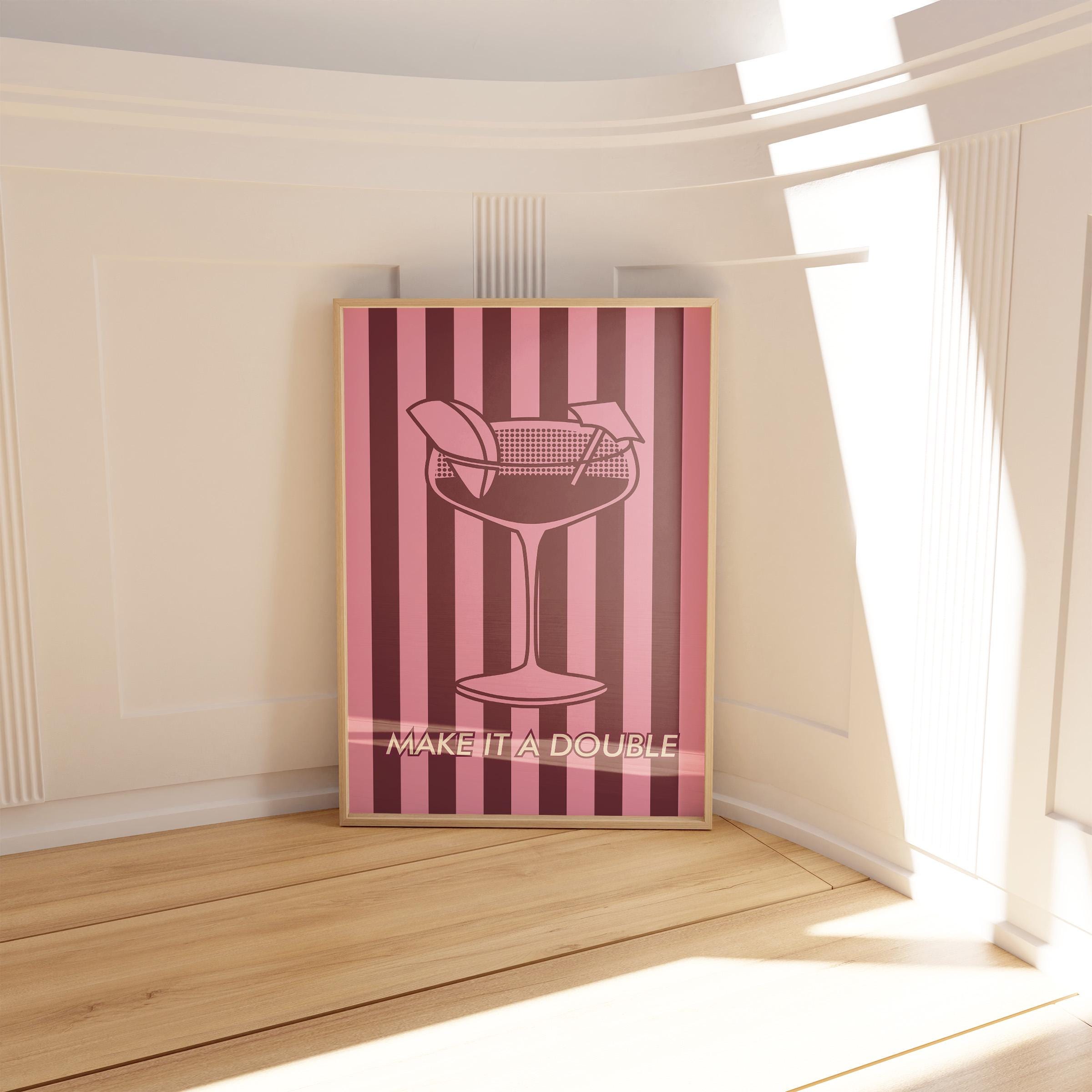 Martini Poster, Minimalist Wall Art, Cocktail Menu, Alcohol Painting, Retro Cocktail Wall Art Vintage Pastel Decor, Striped Pink Art