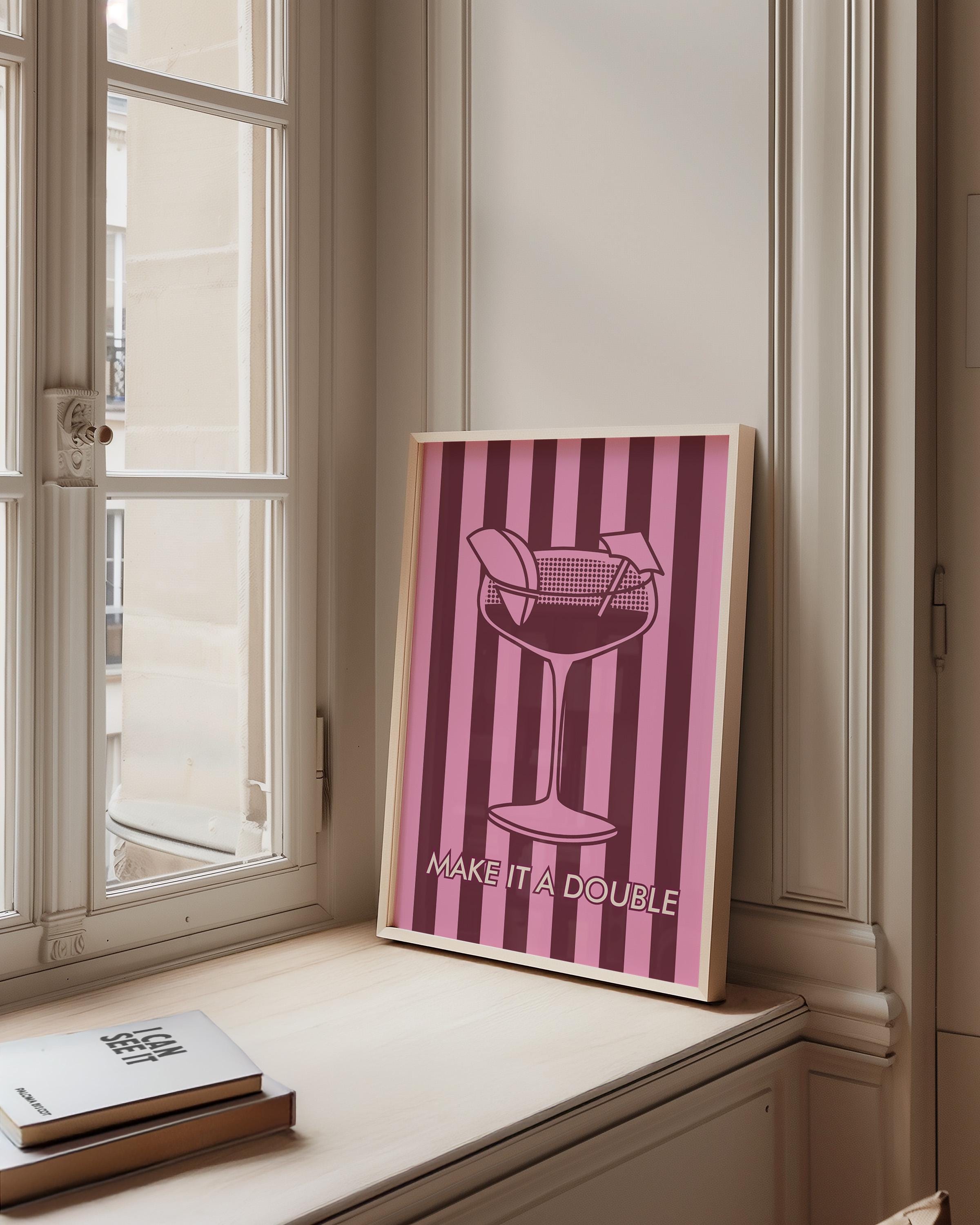 Martini Poster, Minimalist Wall Art, Cocktail Menu, Alcohol Painting, Retro Cocktail Wall Art Vintage Pastel Decor, Striped Pink Art