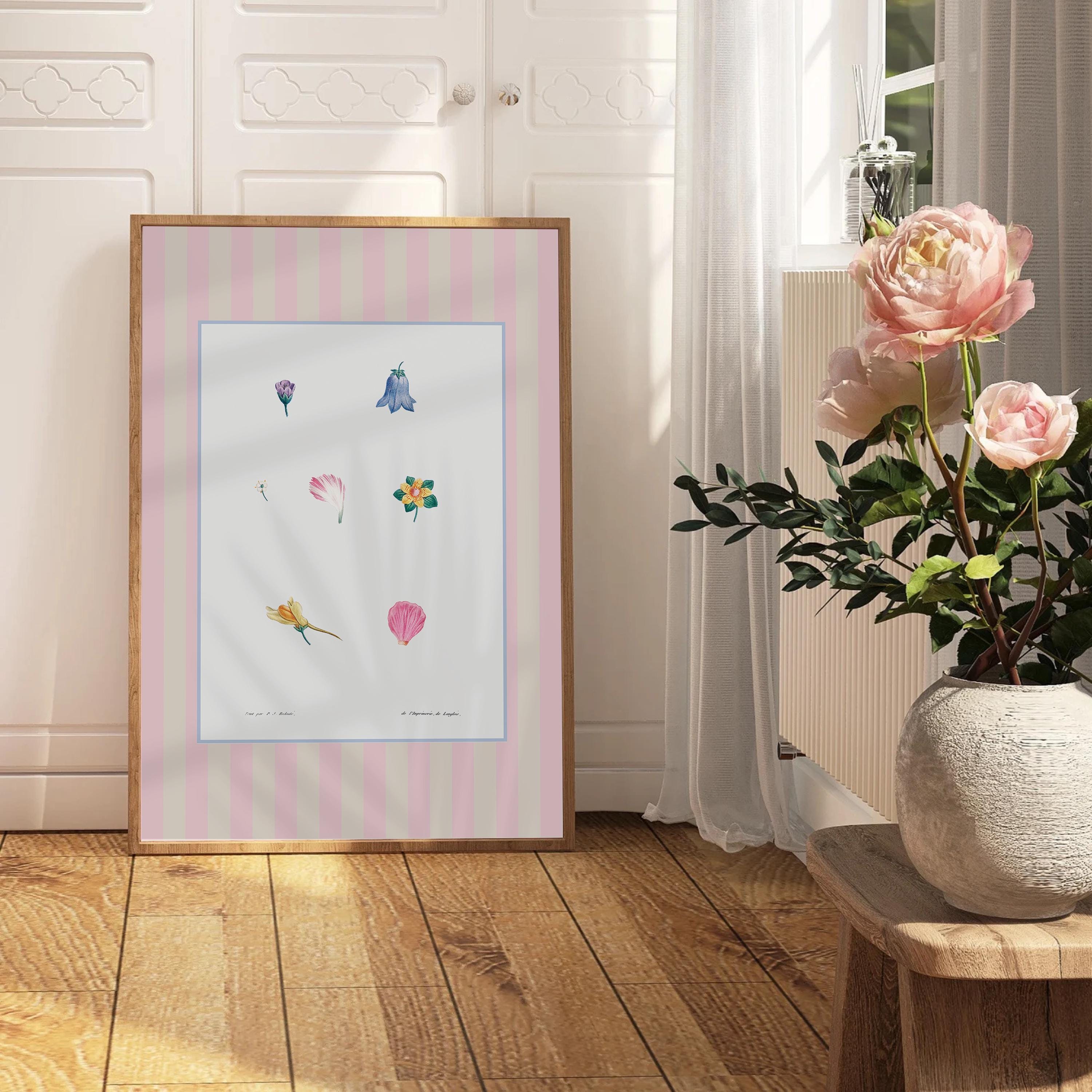 Vintage Botanical Prints, Striped Floral Poster, Botanical prints, Antique Botanical Prints, Vintage Flower Art, Nursery Prints, Pink Prints