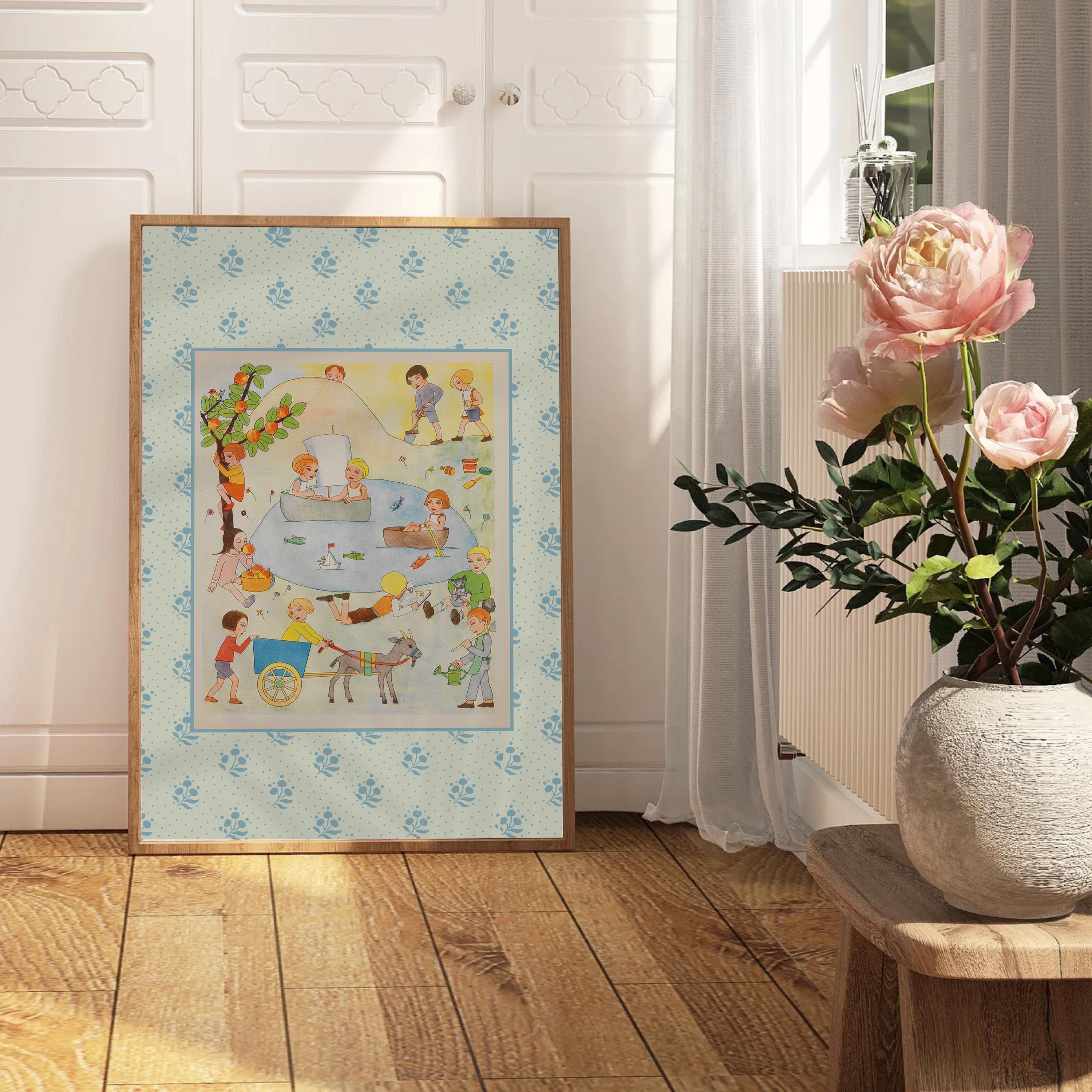 Vintage Poster, Blue Vintage Art, Floral Decor, Digital Download, Classic Art Print, Trendy Art, Vintage Aesthetic, Kids Room Art