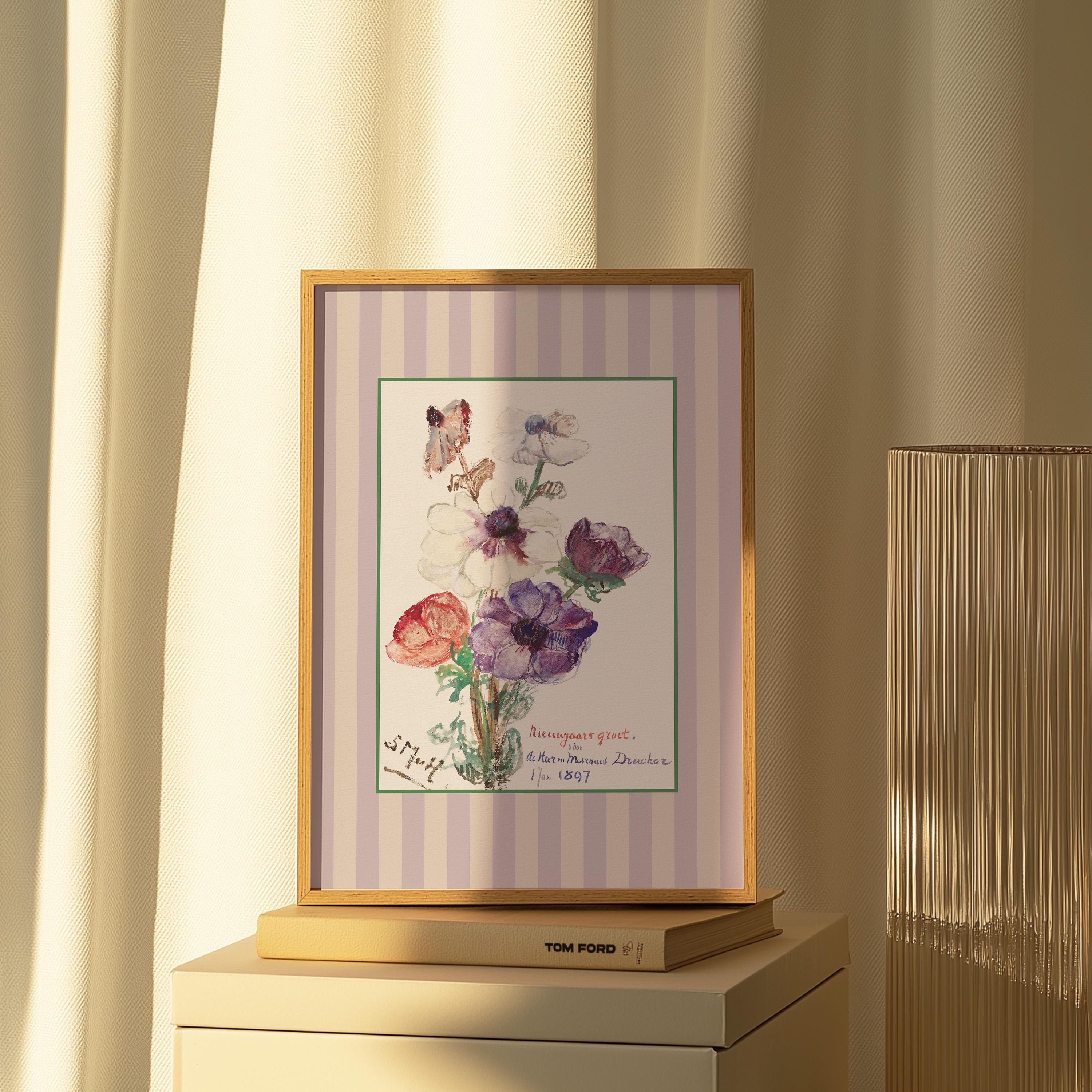 Floral Art Print - Vintage Flower Decor, Cottagecore Neutral Aesthetic, Striped Botanical Wall Art, Digital DOWNLOAD, Home Decor
