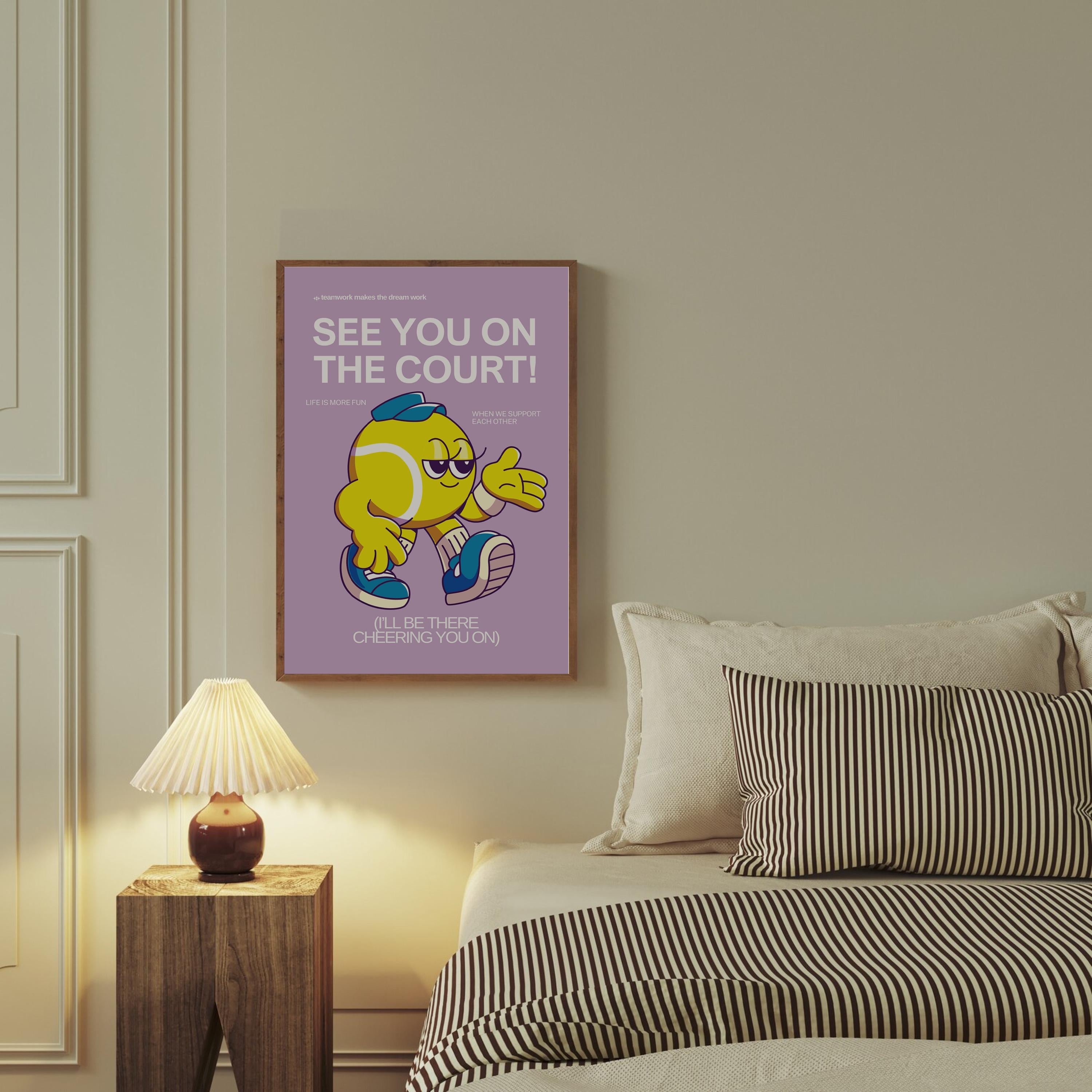 Retro Tennis Print, Cute Kids Wall Art, Purple Poster for Classroom Decor, Retro Cartoon Quote Art, Fun Cartoon Prints