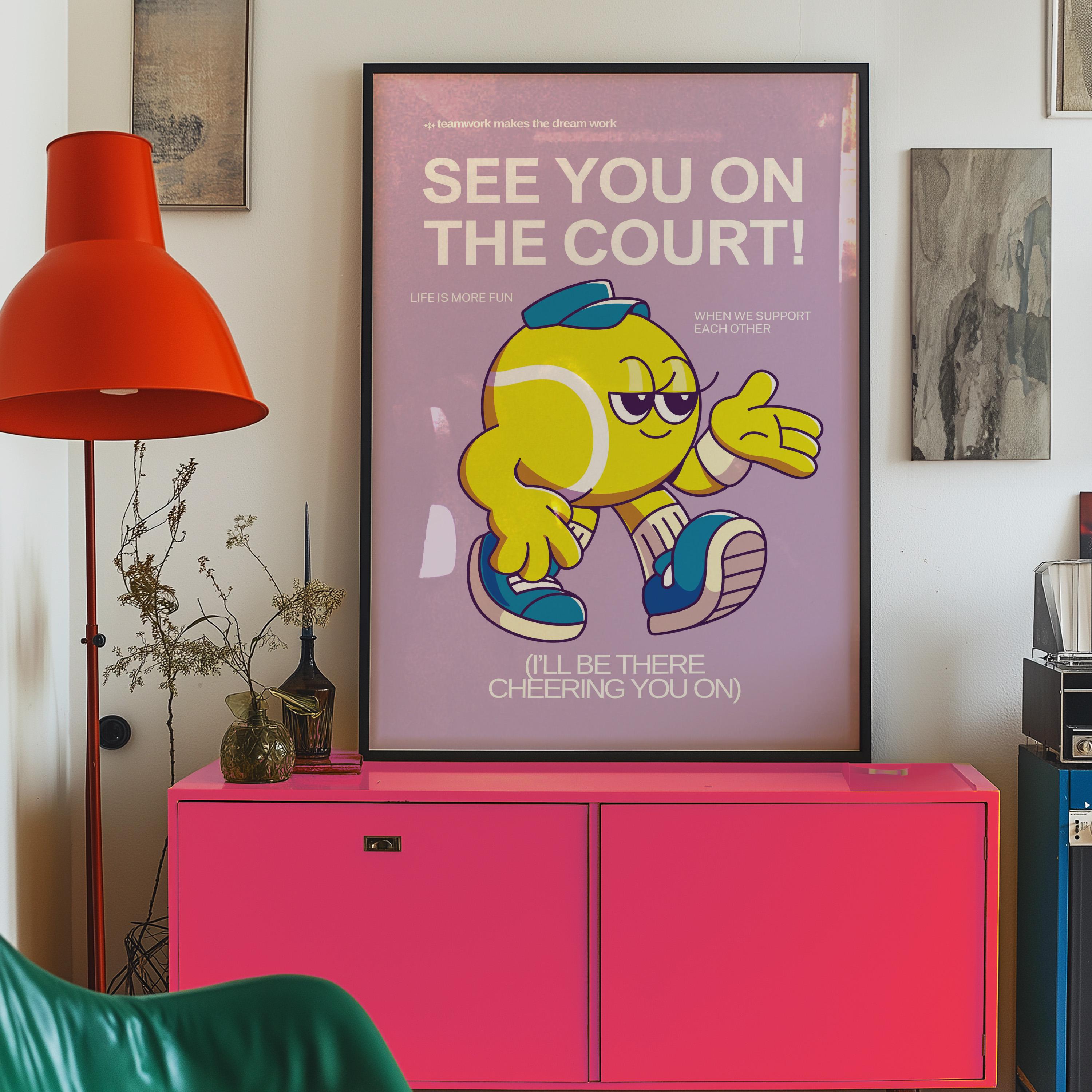 Retro Tennis Print, Cute Kids Wall Art, Purple Poster for Classroom Decor, Retro Cartoon Quote Art, Fun Cartoon Prints