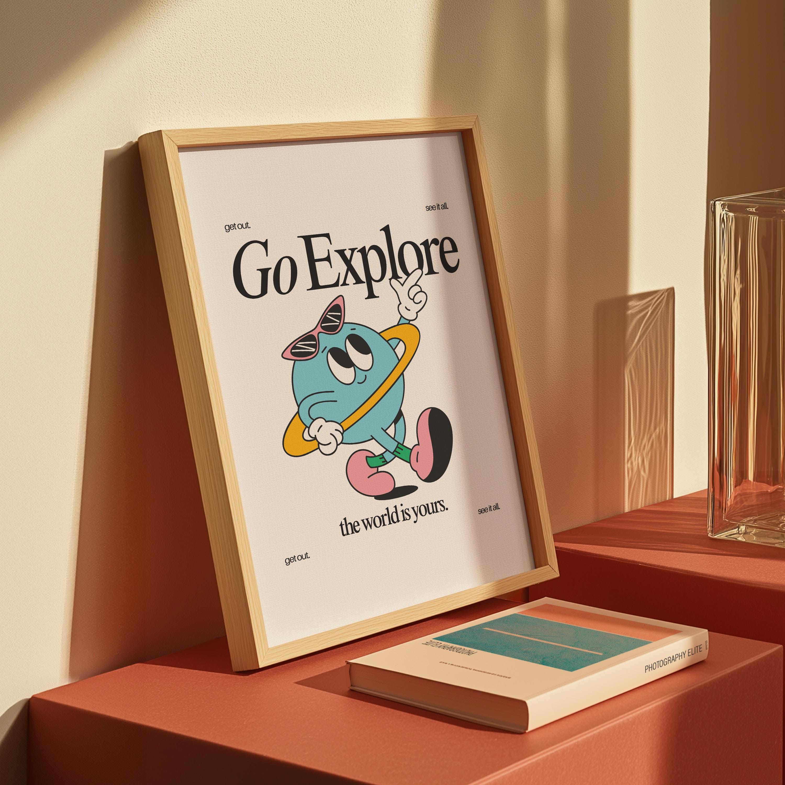 Go Explore Art, Classroom Art, Cute Retro Print, Planet Cartoon, Retro Mascot Print, Funky Groovy Minimal Retro Poster