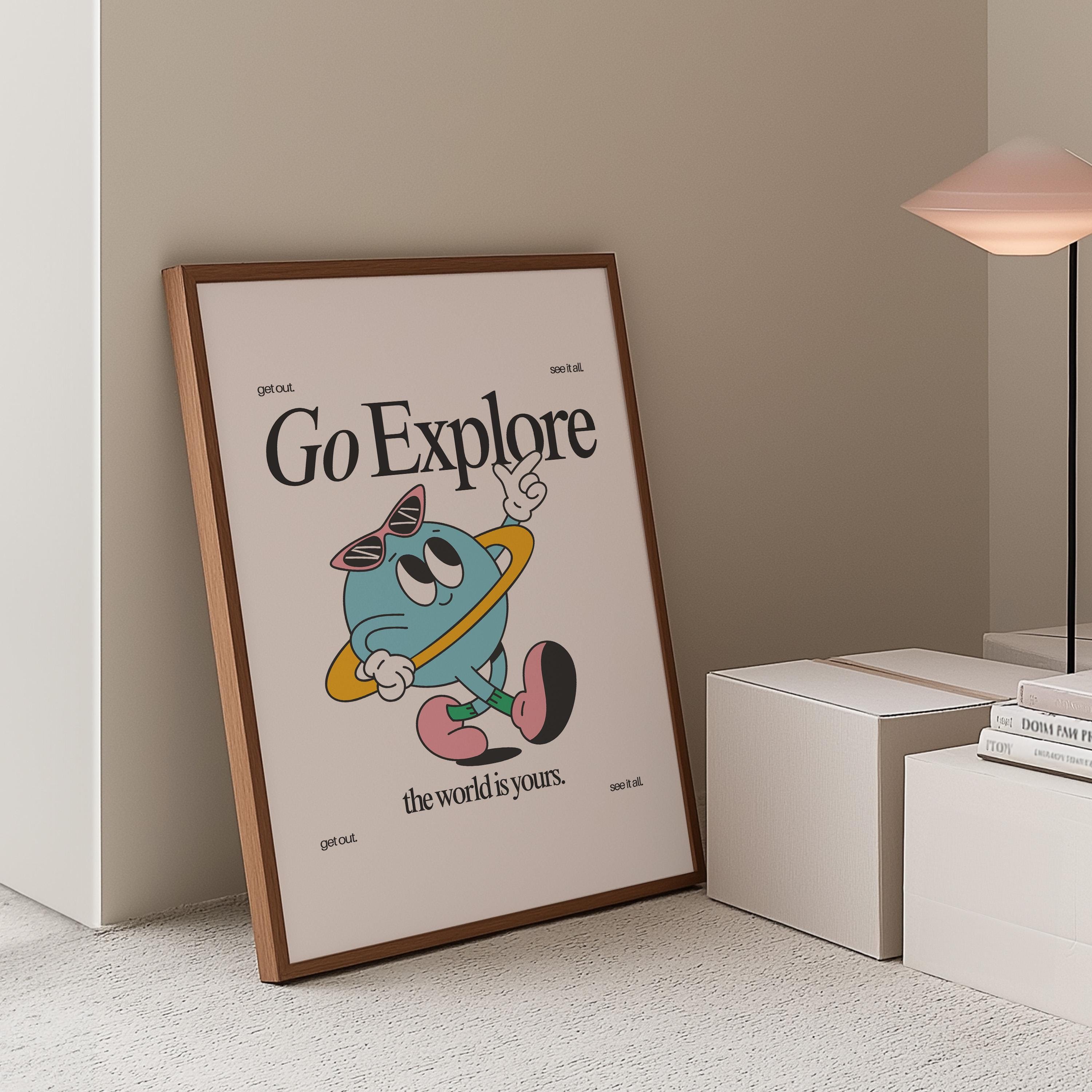 Go Explore Art, Classroom Art, Cute Retro Print, Planet Cartoon, Retro Mascot Print, Funky Groovy Minimal Retro Poster