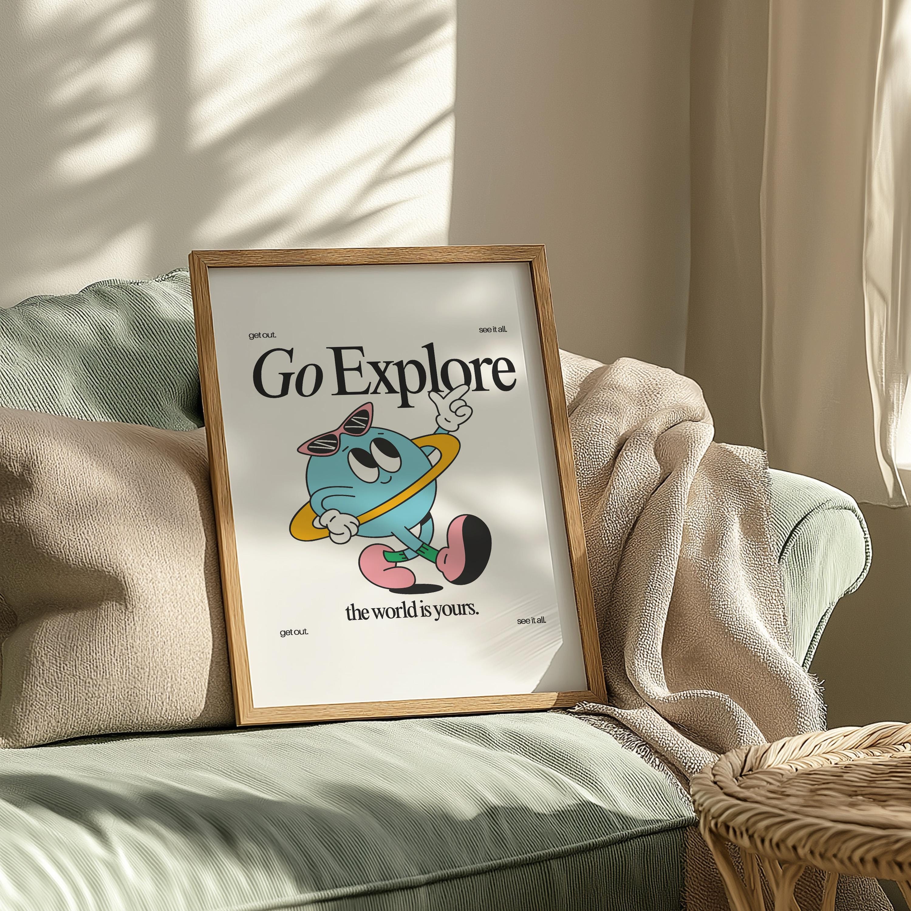 Go Explore Art, Classroom Art, Cute Retro Print, Planet Cartoon, Retro Mascot Print, Funky Groovy Minimal Retro Poster