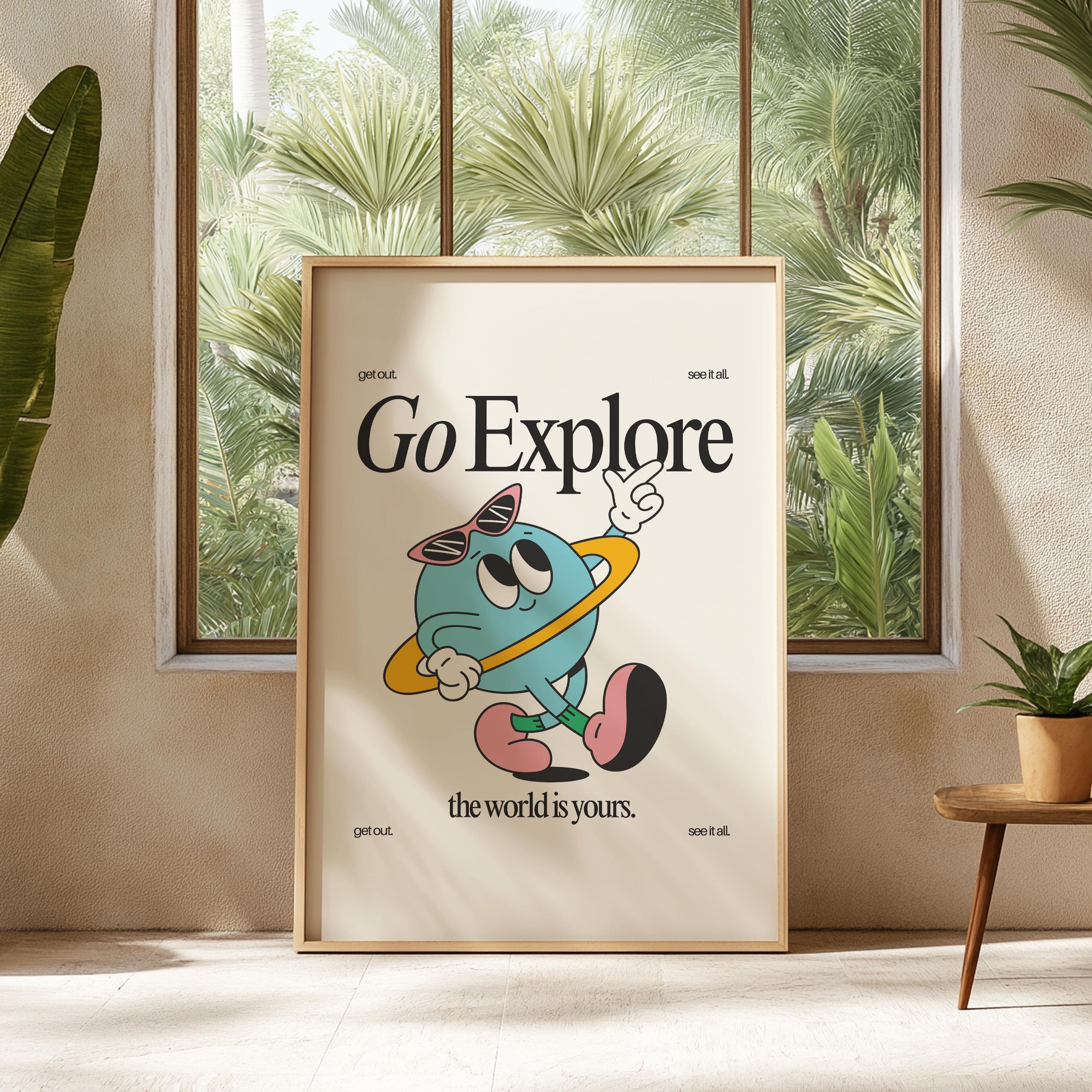 Go Explore Art, Classroom Art, Cute Retro Print, Planet Cartoon, Retro Mascot Print, Funky Groovy Minimal Retro Poster