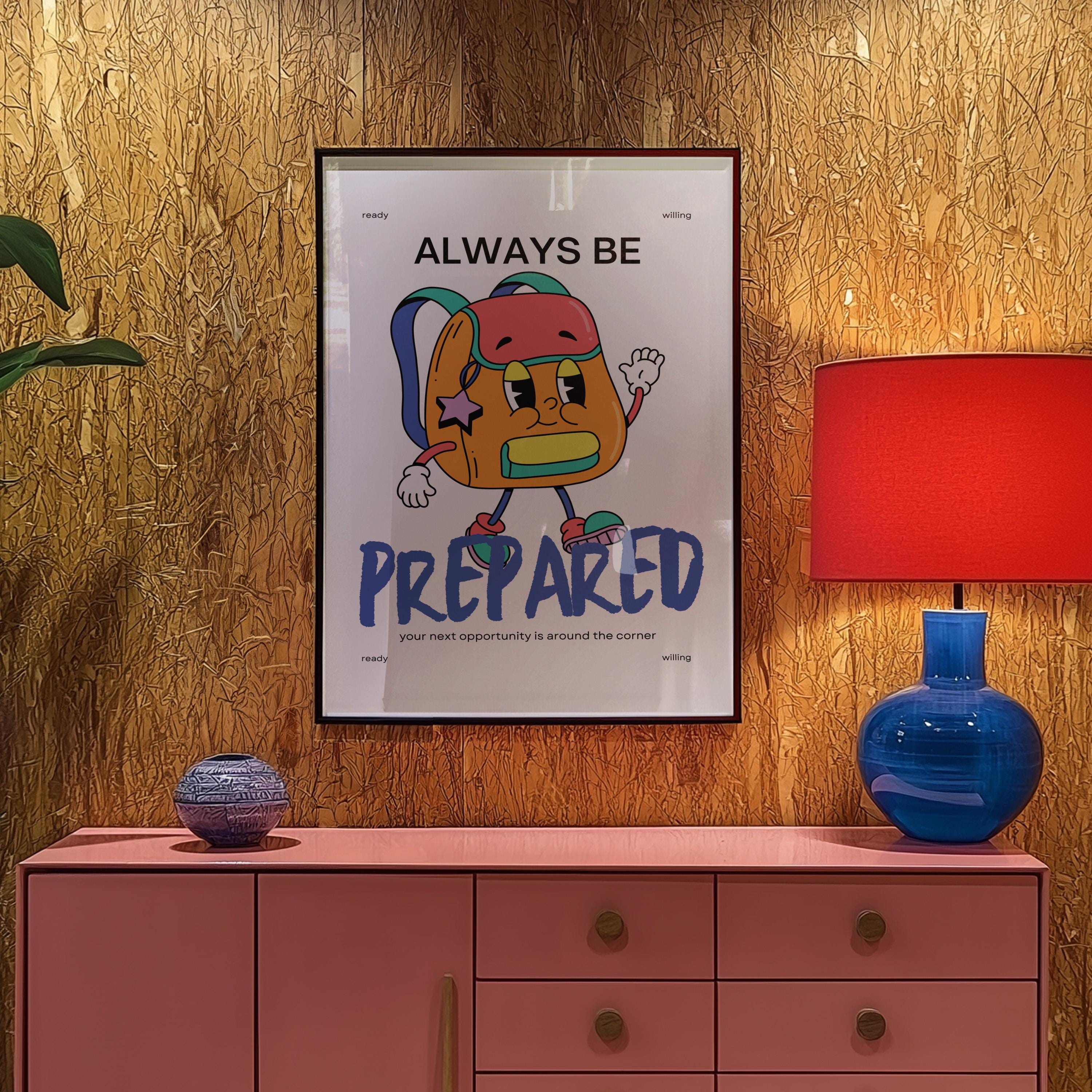 Be Prepared Art, Backpack Cartoon, Classroom Art, Cute Retro Print, Retro Mascot Print, Groovy Minimal Retro Poster, School Posters