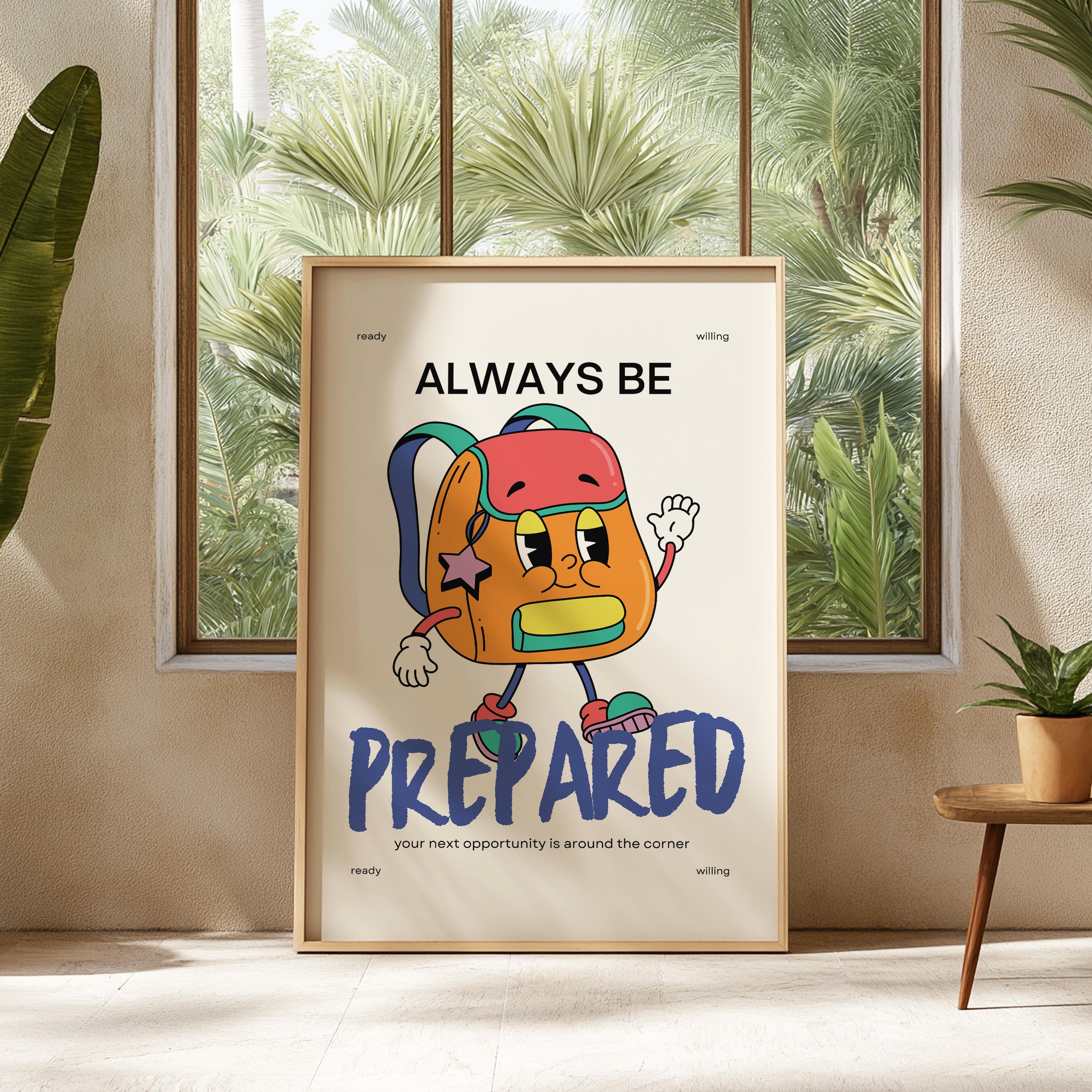 Be Prepared Art, Backpack Cartoon, Classroom Art, Cute Retro Print, Retro Mascot Print, Groovy Minimal Retro Poster, School Posters