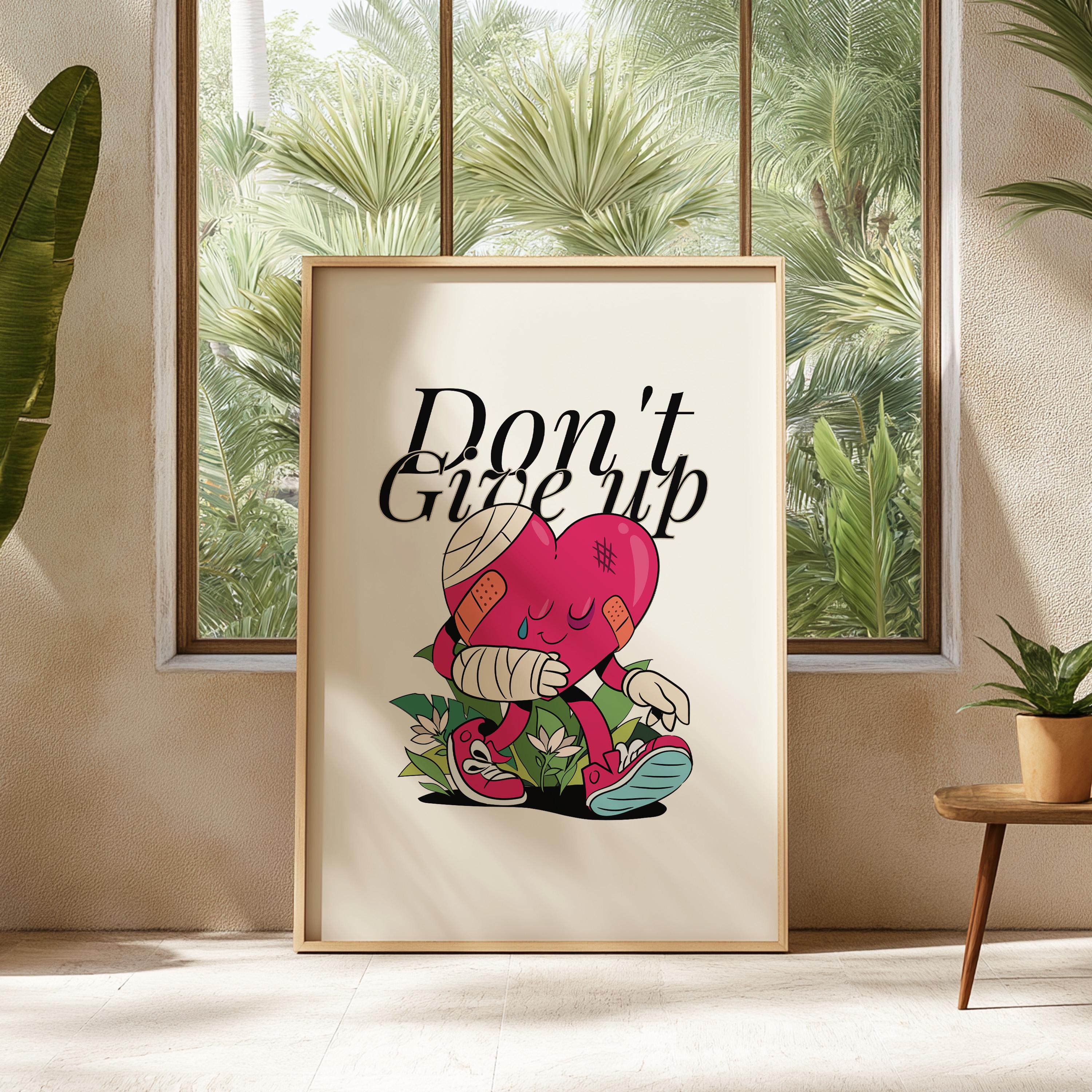 Heart Cartoon, Don&#39;t Give Up Art Print, Cute Retro Print, Retro Mascot Print, Groovy Minimal Retro Poster, Heart Posters