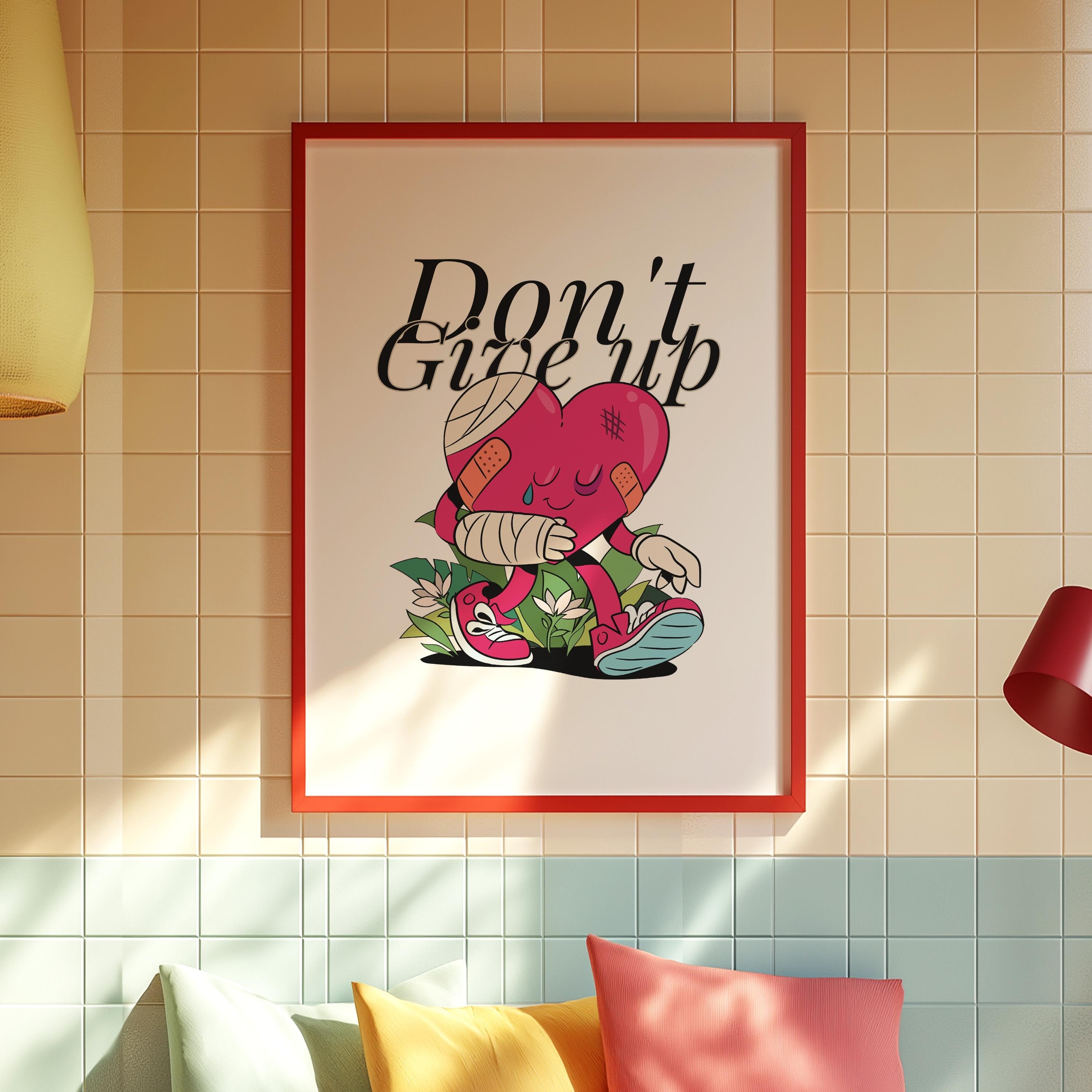 Heart Cartoon, Don&#39;t Give Up Art Print, Cute Retro Print, Retro Mascot Print, Groovy Minimal Retro Poster, Heart Posters