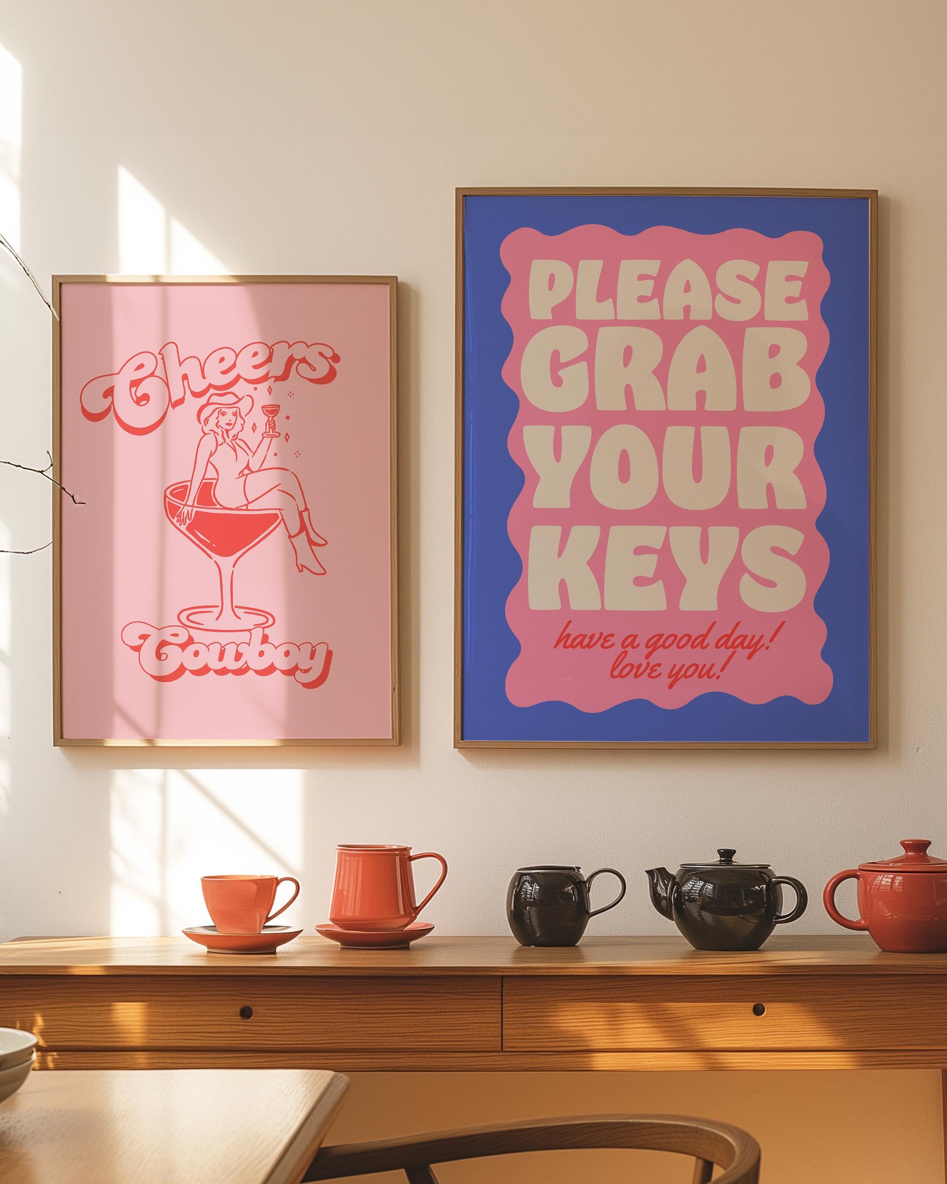 Apartment Wall Art, Gallery Wall Set of 2, Girly Prints, Apartment Decor, Digital Art Print Set, Bar Cart Art Print, Roommate art, cowboy
