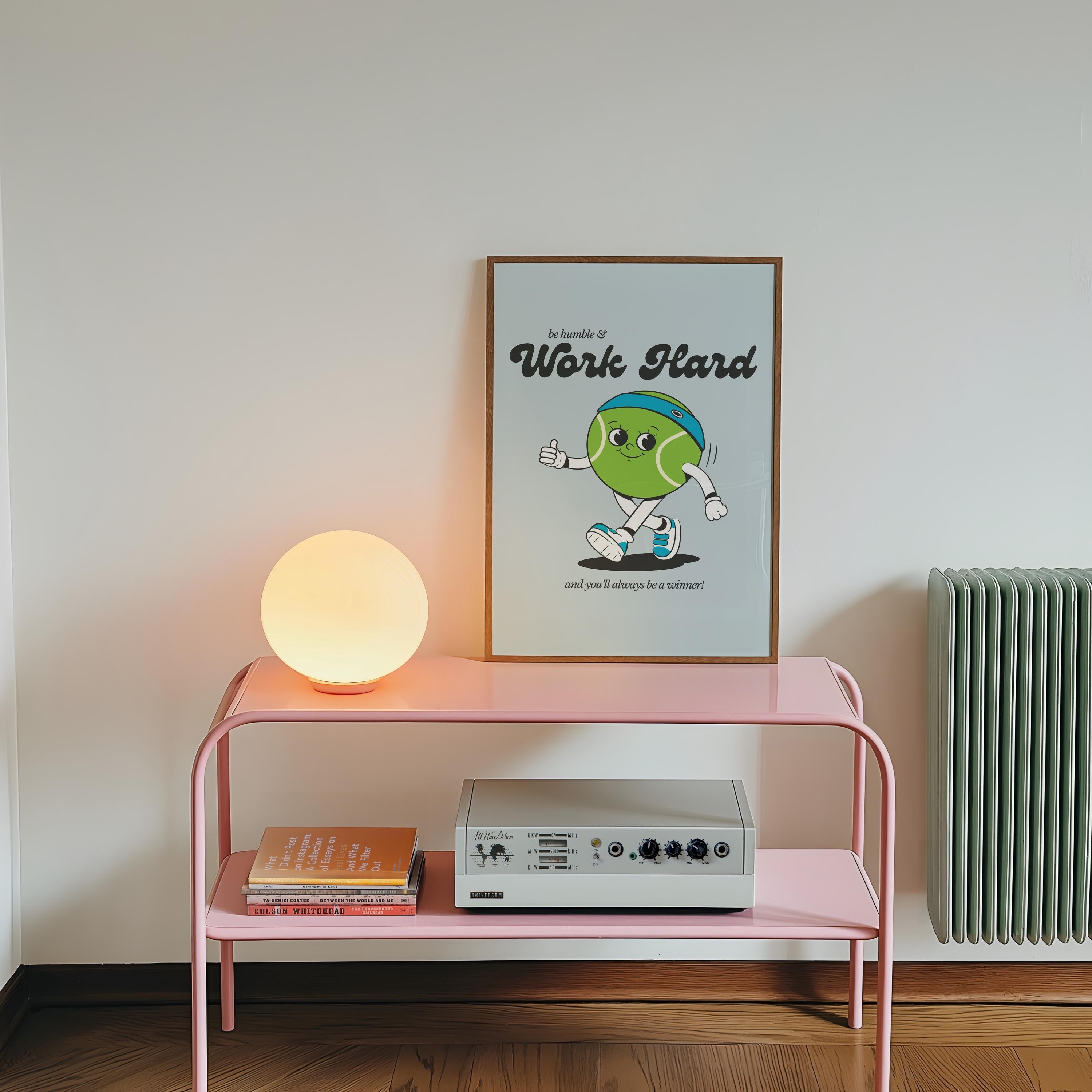 Work Hard Print, Retro Tennis Print, Blue Wall Print, Cute Kids Wall Art, Retro Cartoon Poster, Retro Quote Print, Cartoon Prints, Kid Art