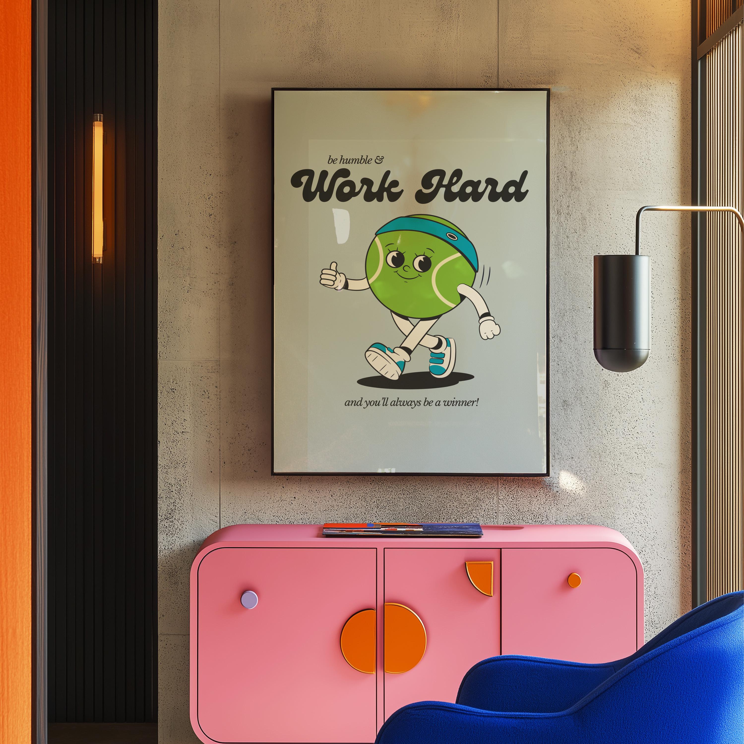 Work Hard Print, Retro Tennis Print, Blue Wall Print, Cute Kids Wall Art, Retro Cartoon Poster, Retro Quote Print, Cartoon Prints, Kid Art