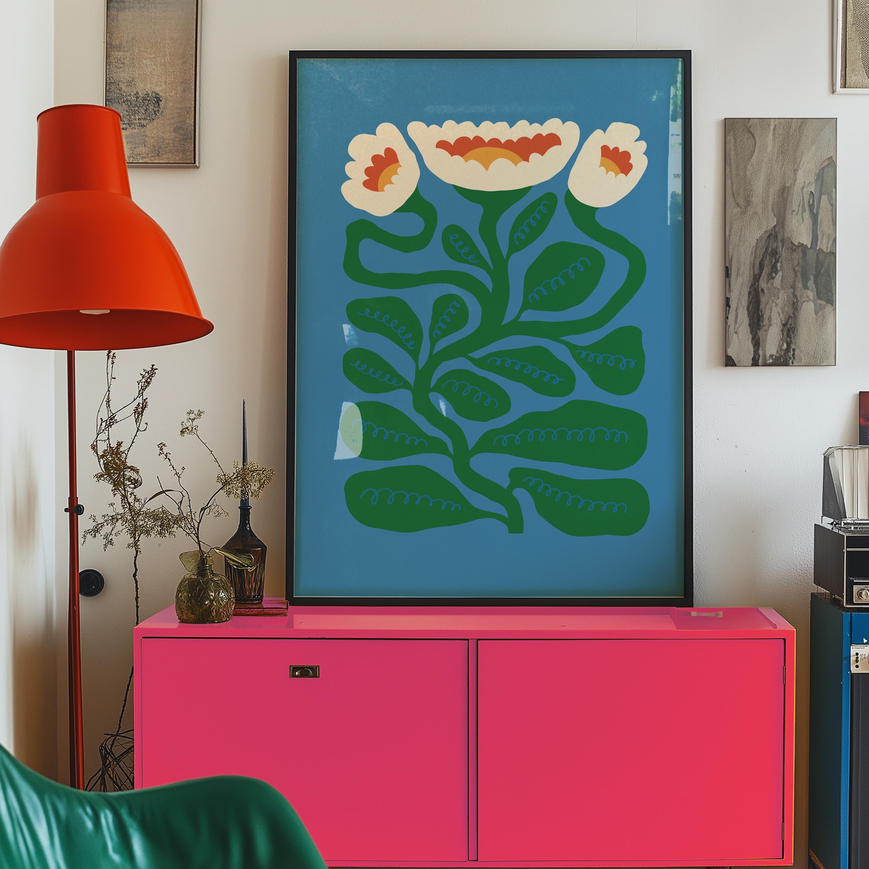 abstract floral art, pink poppy posters, digital download, blue floral art print, digital prints, Colorful Poppies Art, Maximalist Art