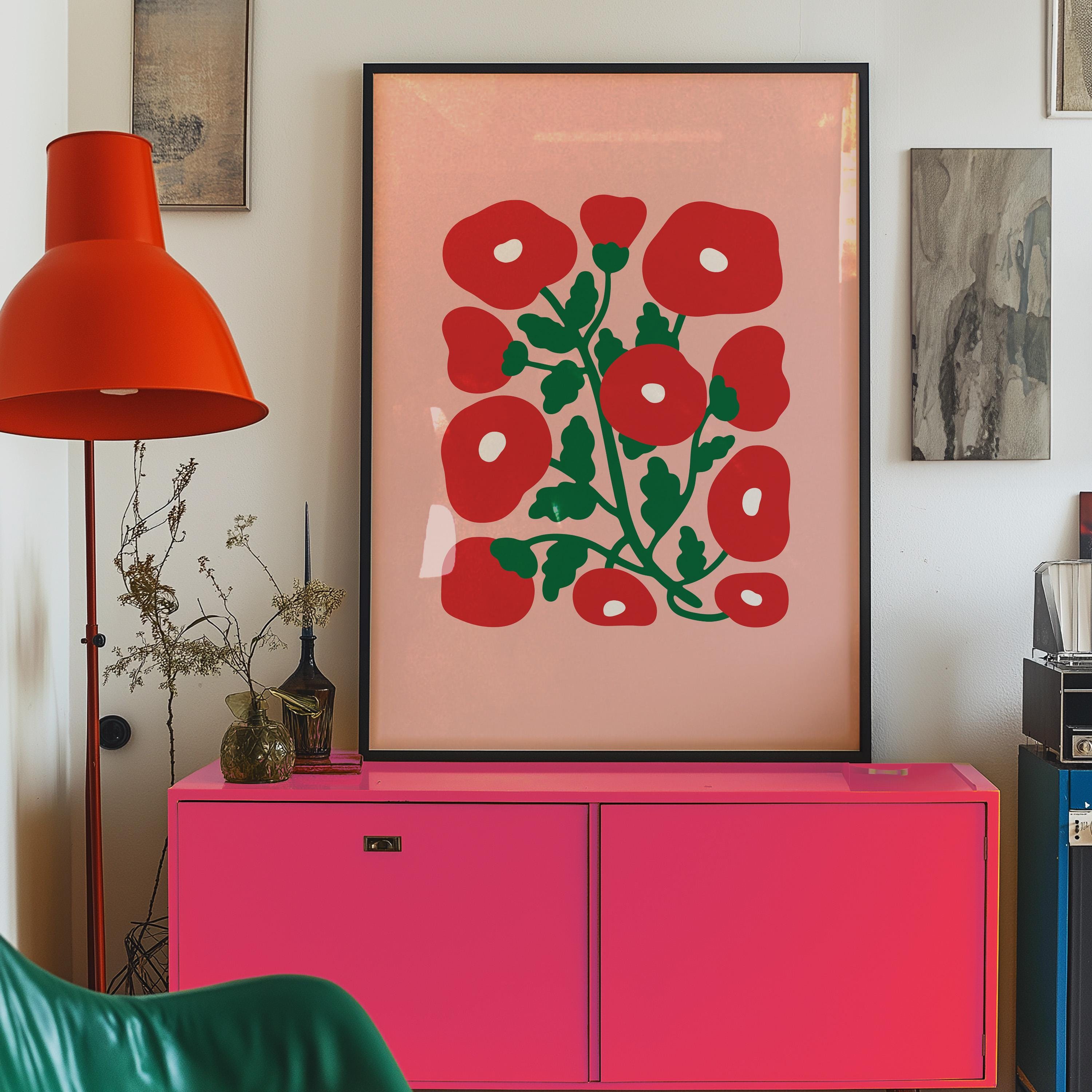abstract floral art, pink poppy posters, digital download, pink floral art print, digital prints, Colorful Poppies Art, Maximalist Art