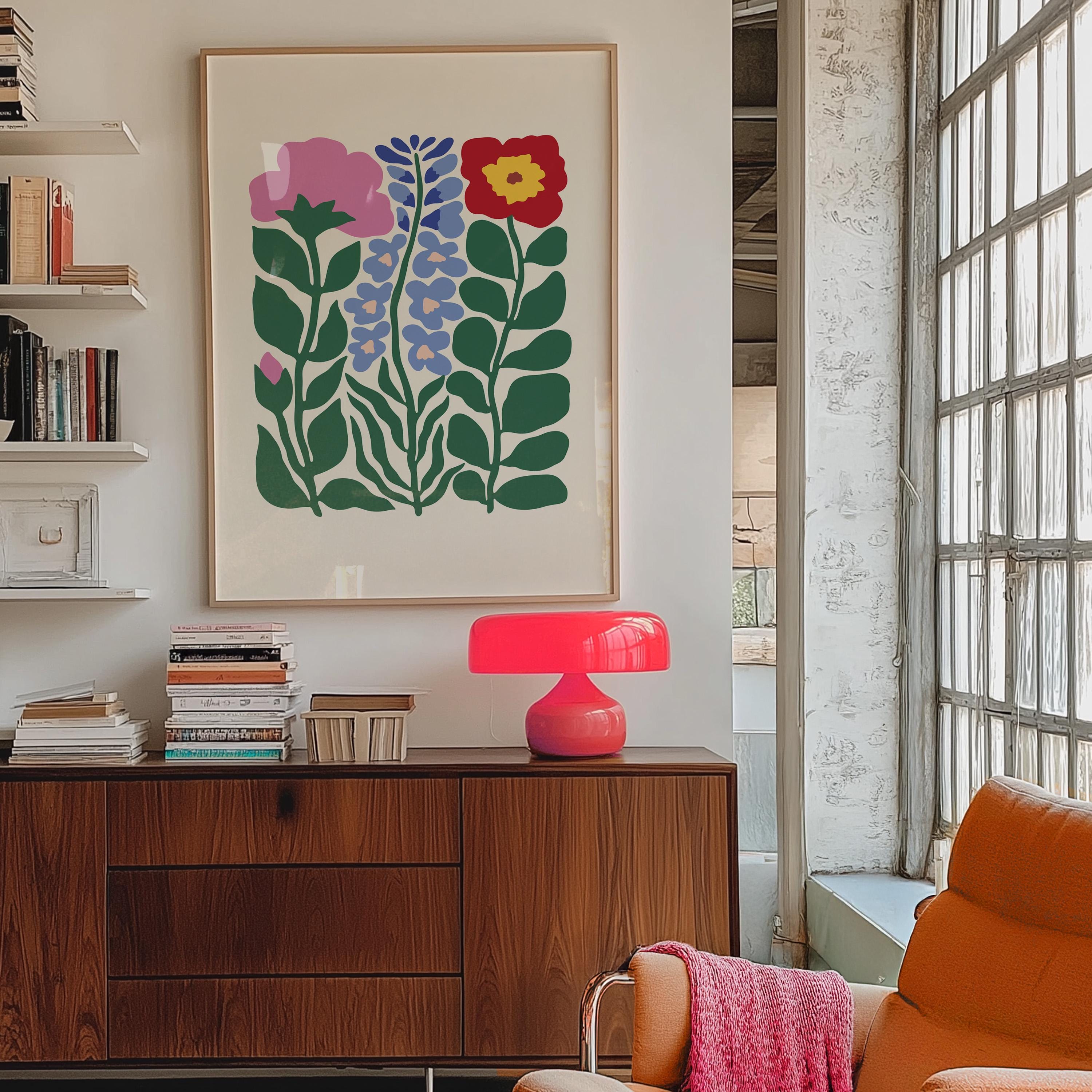 Abstract Flower Poster, Retro Flowers Print, Colourful Abstract Wall Art, Matisse Green & Pink Flower Print, Boho Flowers Art Print