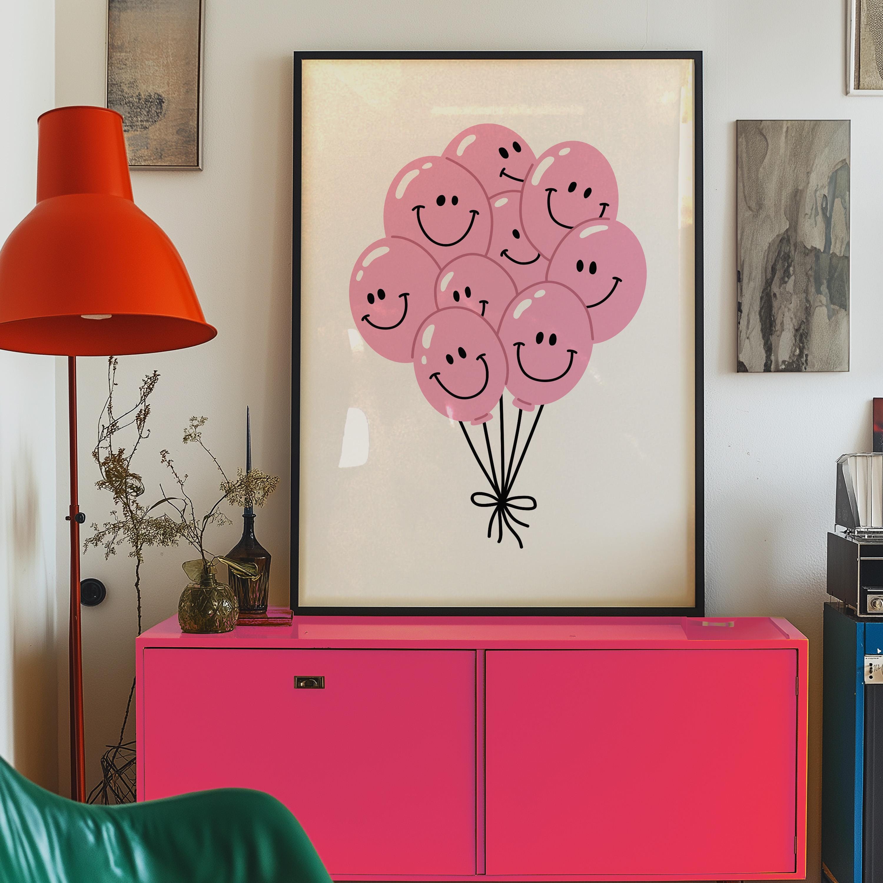 Balloon Art Print-Digital Download-Wall Print-Retro Art-Floral Art-Kids Room Decor-70s Flowers-Downloadable Art-Smiley Art Print-Dorm Decor
