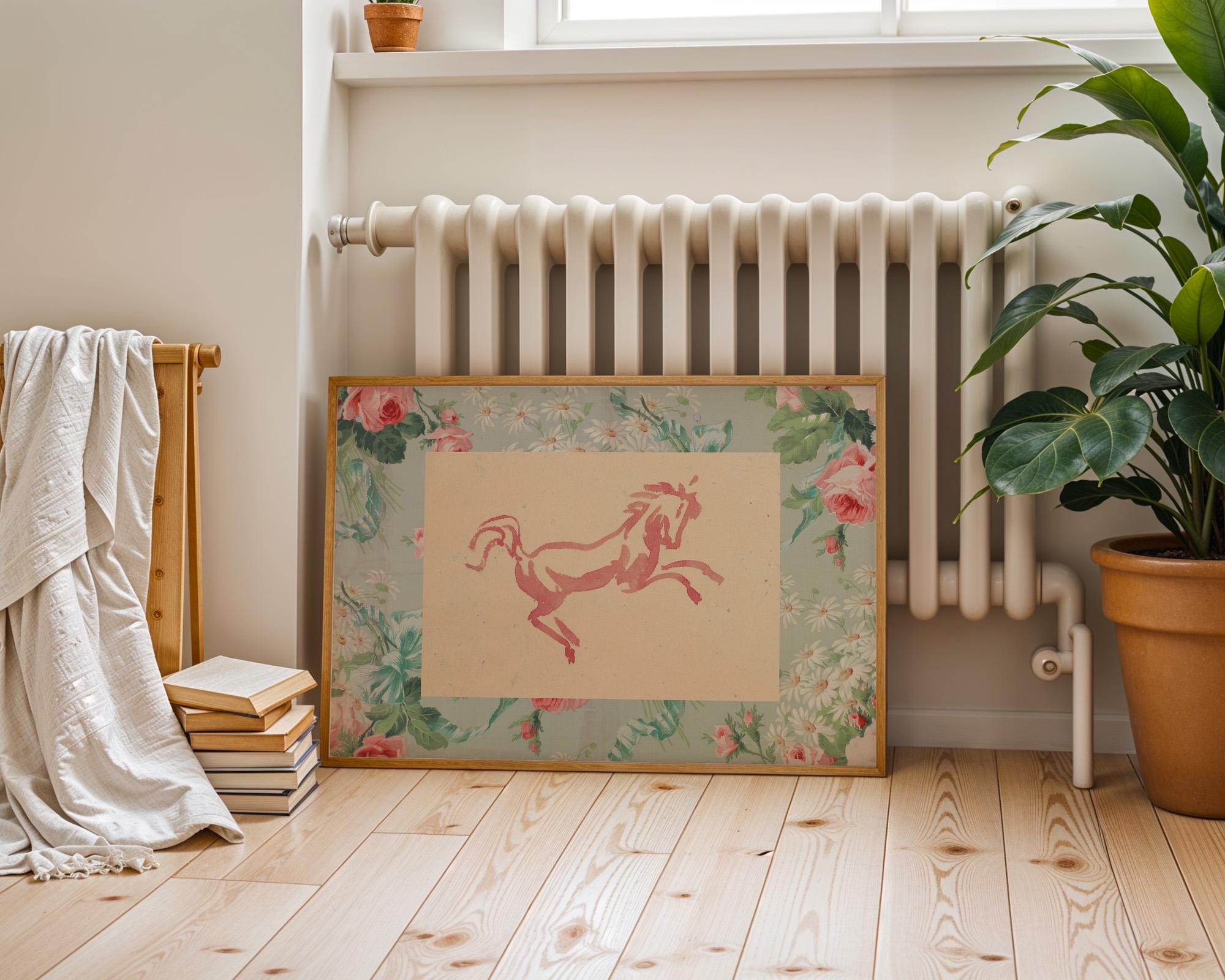 Vintage Horse Painting, Horse Portrait, Floral Horse Decor, Boys Room Decor, Watercolor Nursery, Equestrian, Farmhouse Decor, Fabric Mat