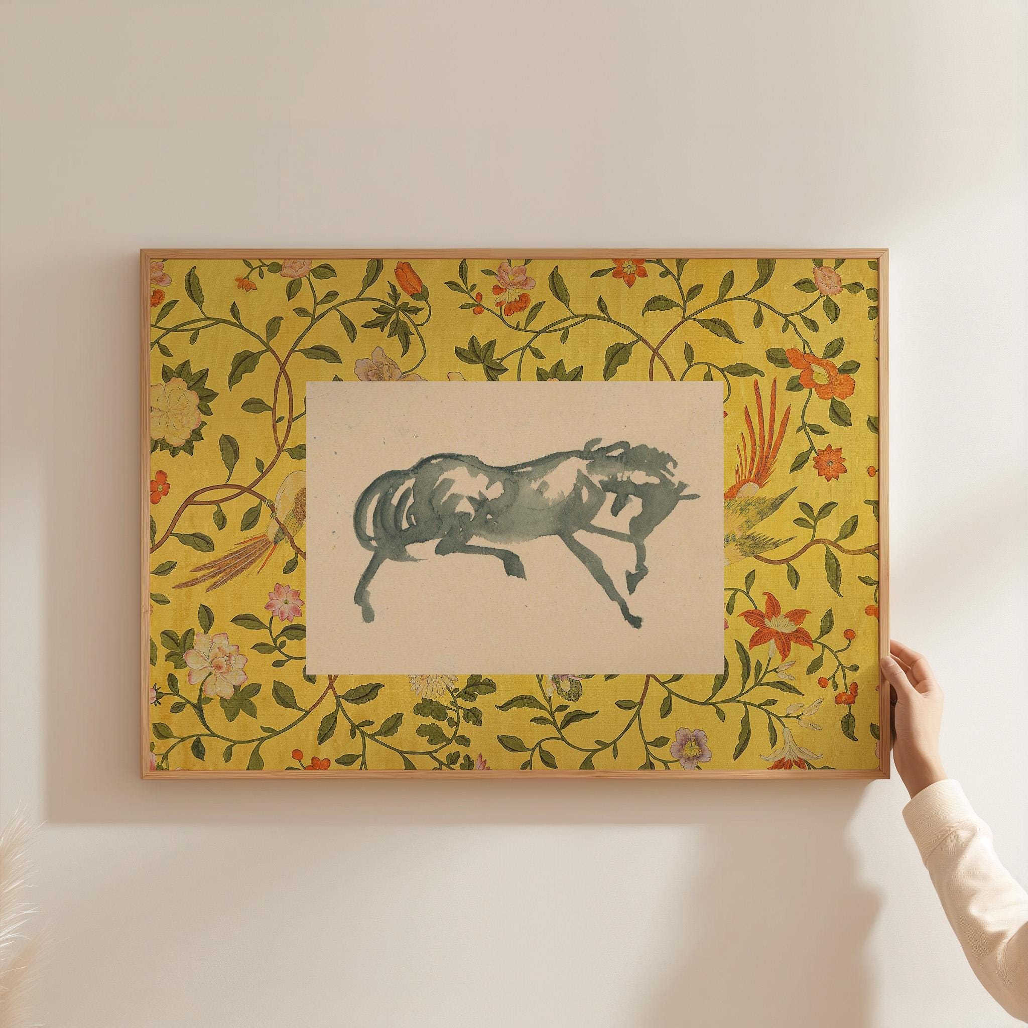 Vintage Horse Painting, Horse Portrait, Floral Horse Decor, Girls Room Decor, Watercolor Nursery, Equestrian, Farmhouse Decor, Fabric Mat