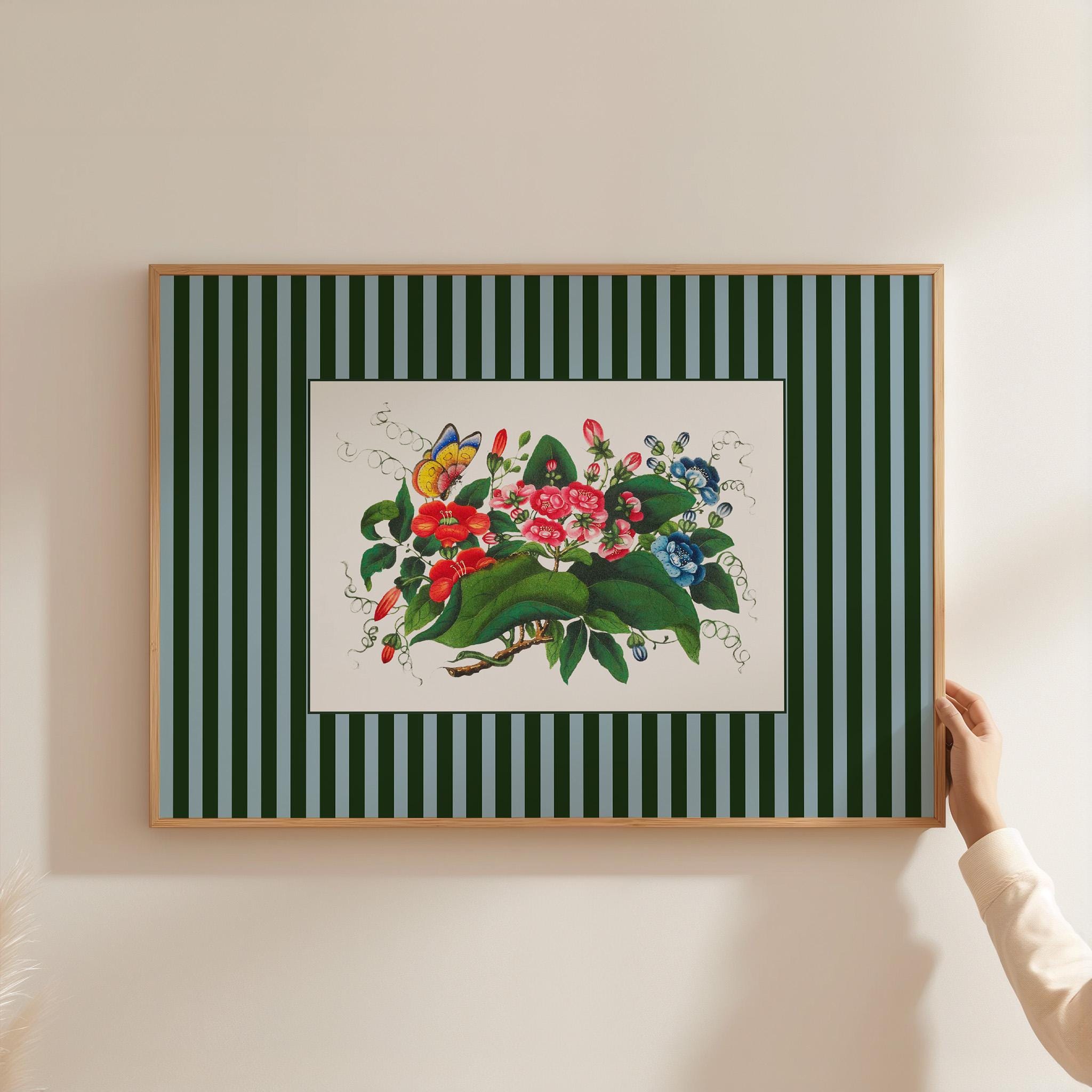 Vintage Green and Blue Striped Floral Digital Art Print