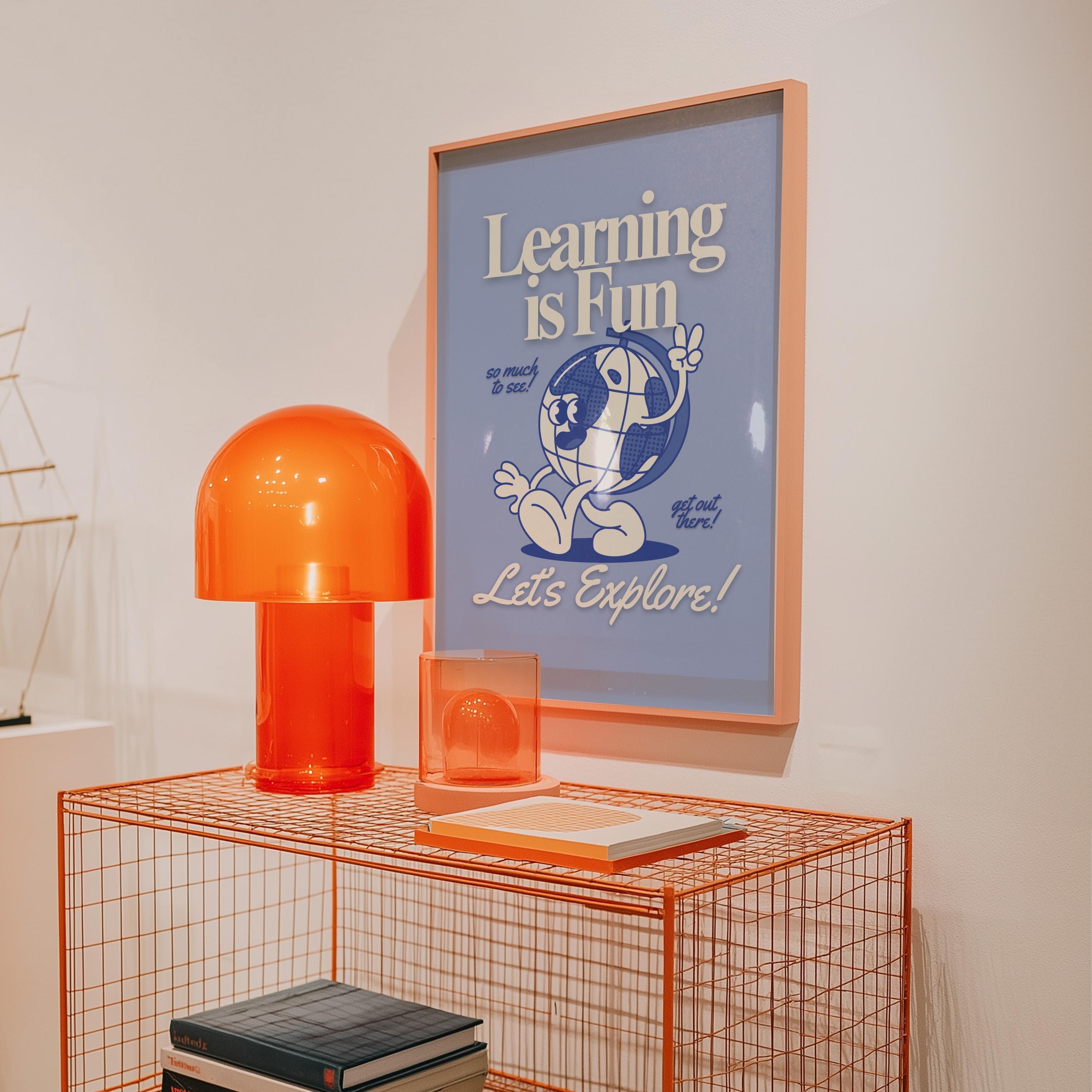 Go Explore Art, Classroom Art, Cute Retro Print, Globe Cartoon, Retro Mascot Print, Funky Groovy Minimal Blue Classroom Retro Poster