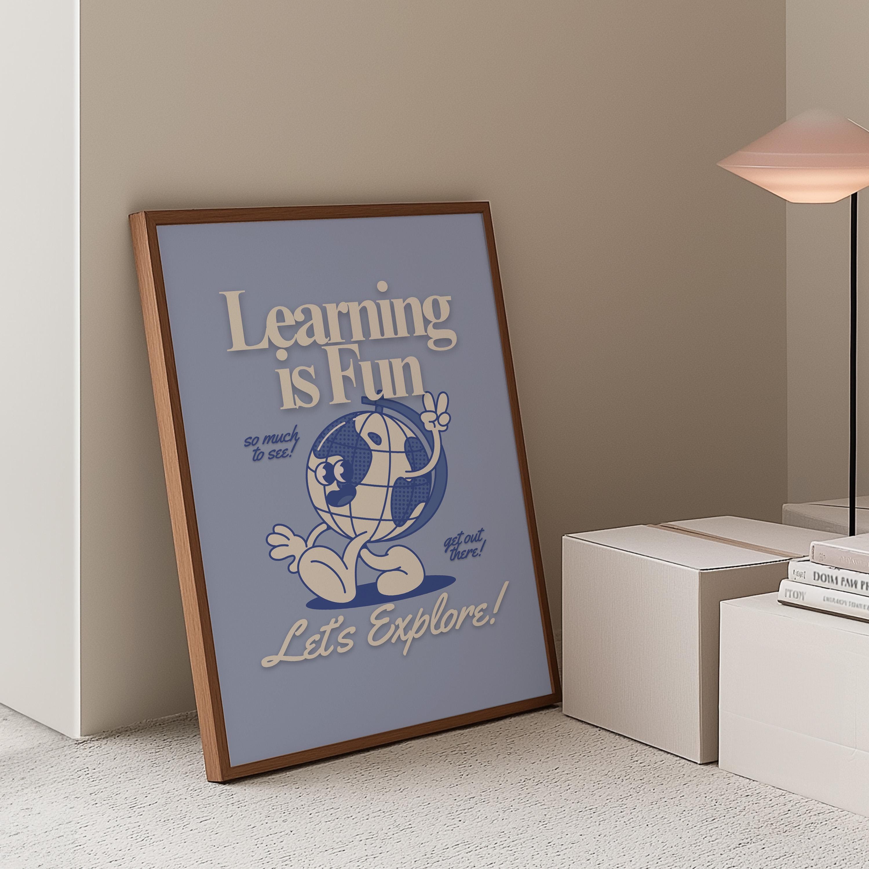 Go Explore Art, Classroom Art, Cute Retro Print, Globe Cartoon, Retro Mascot Print, Funky Groovy Minimal Blue Classroom Retro Poster