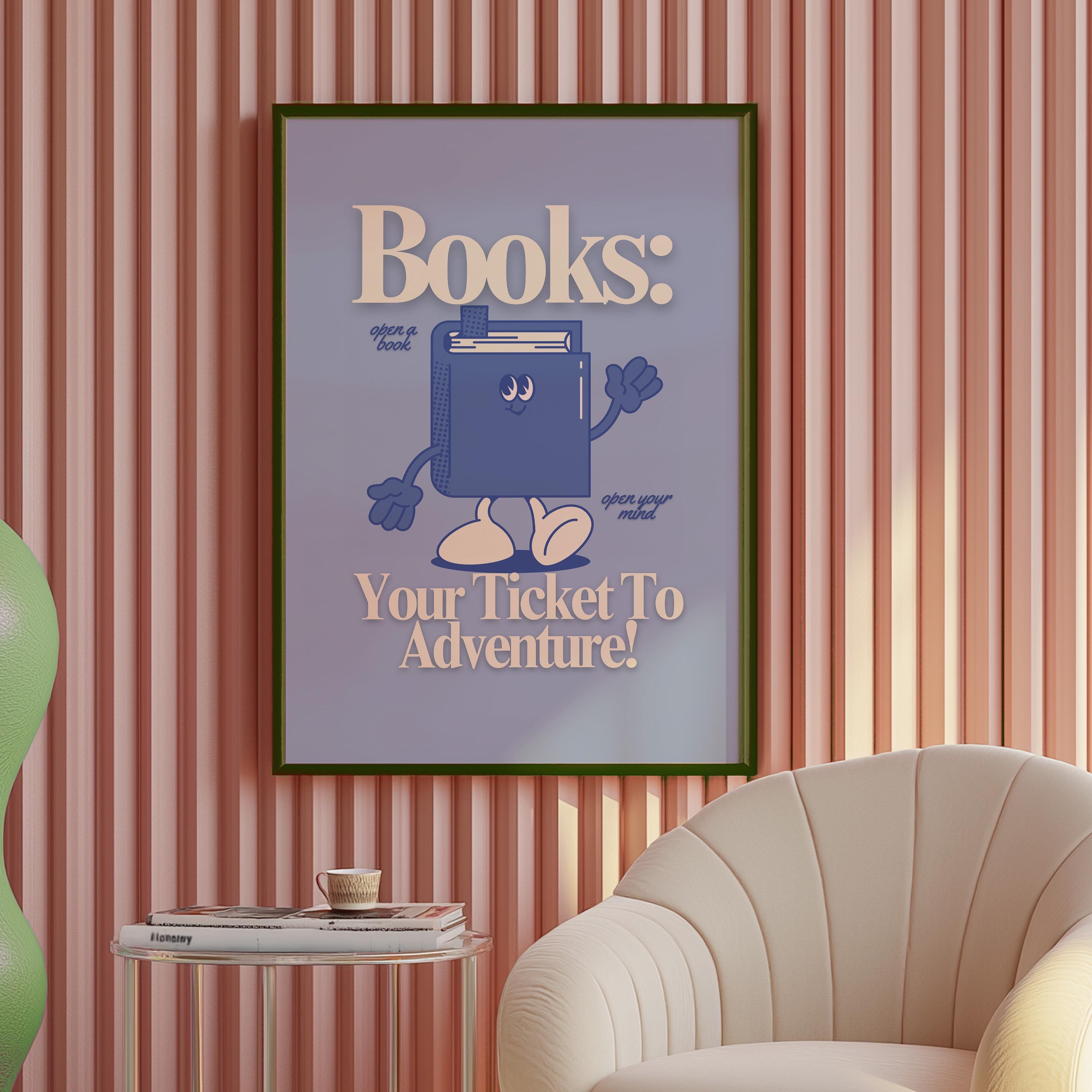 Reading art print, Classroom Art, Cute Retro Print, Book Cartoon, Retro Mascot Print, Funky Groovy Minimal Blue Classroom Retro Poster