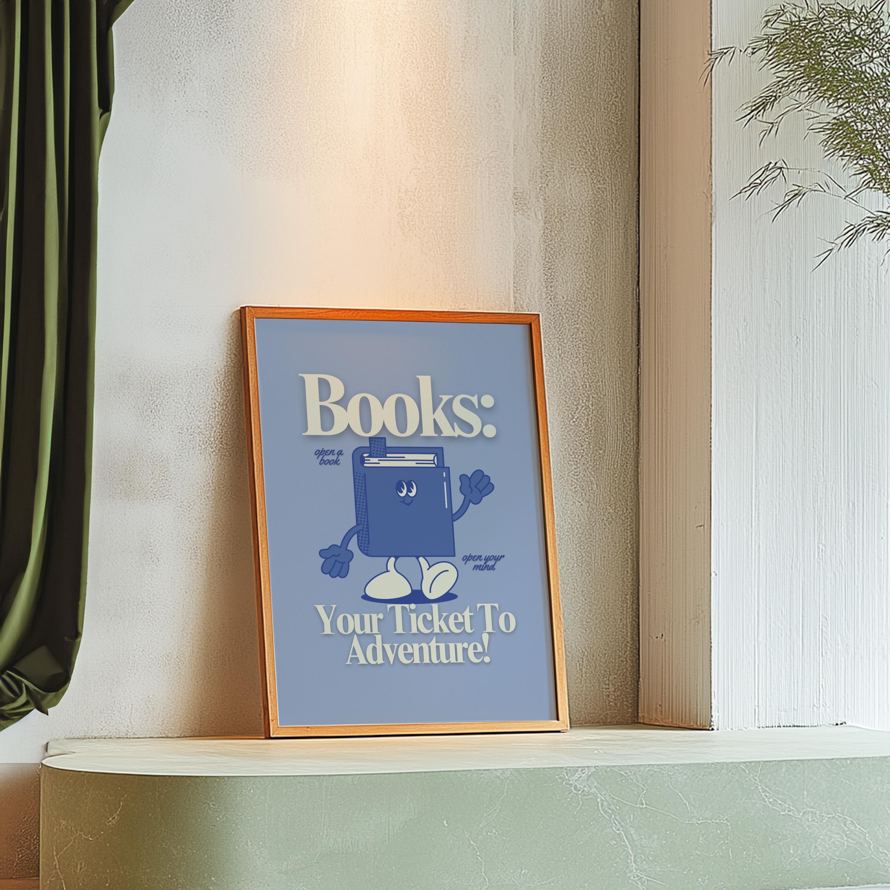 Reading art print, Classroom Art, Cute Retro Print, Book Cartoon, Retro Mascot Print, Funky Groovy Minimal Blue Classroom Retro Poster