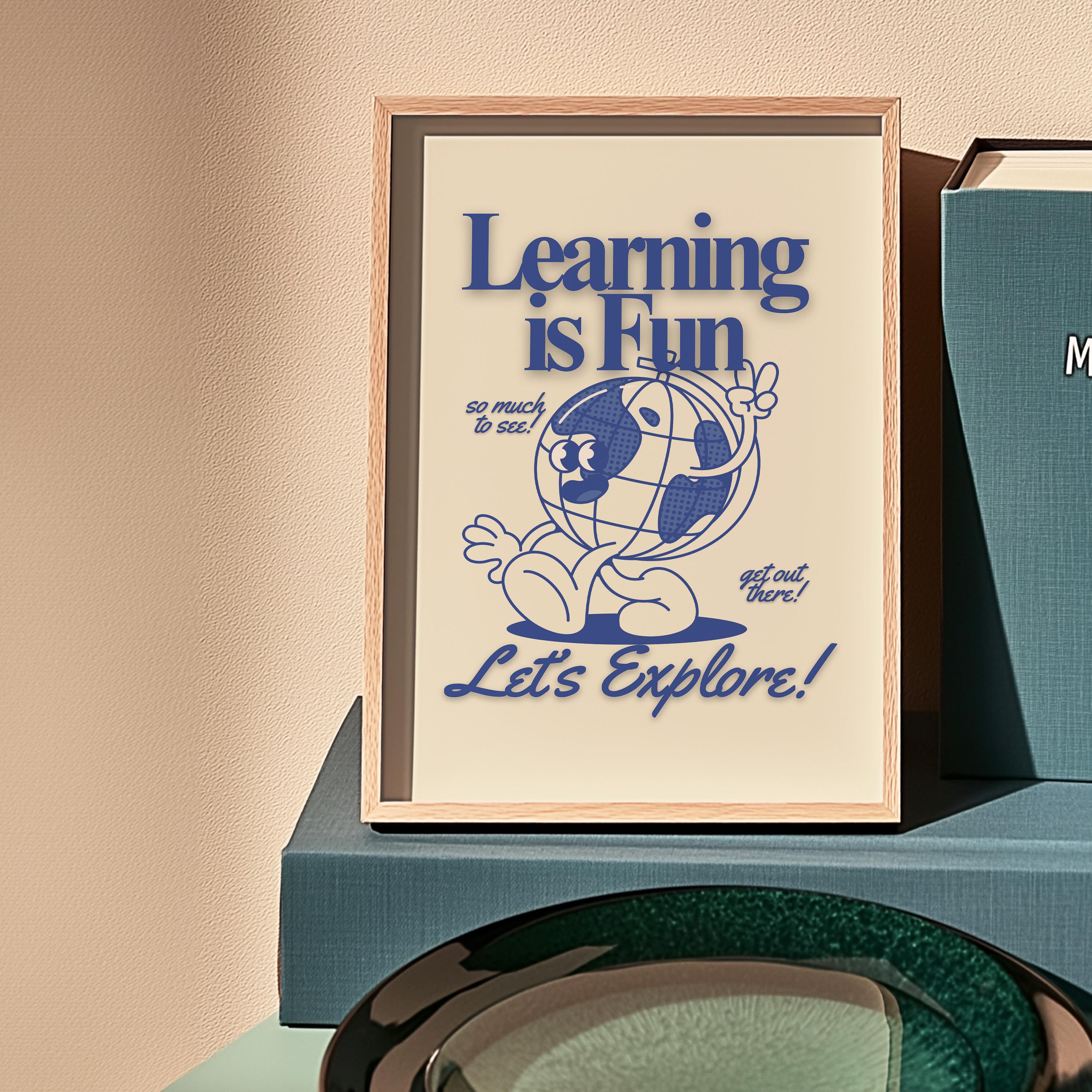 Go Explore Art, Classroom Art, Learning Is Fun Art, Globe Cartoon, Retro Mascot Print, Funky Groovy Minimal Blue Classroom Retro Poster