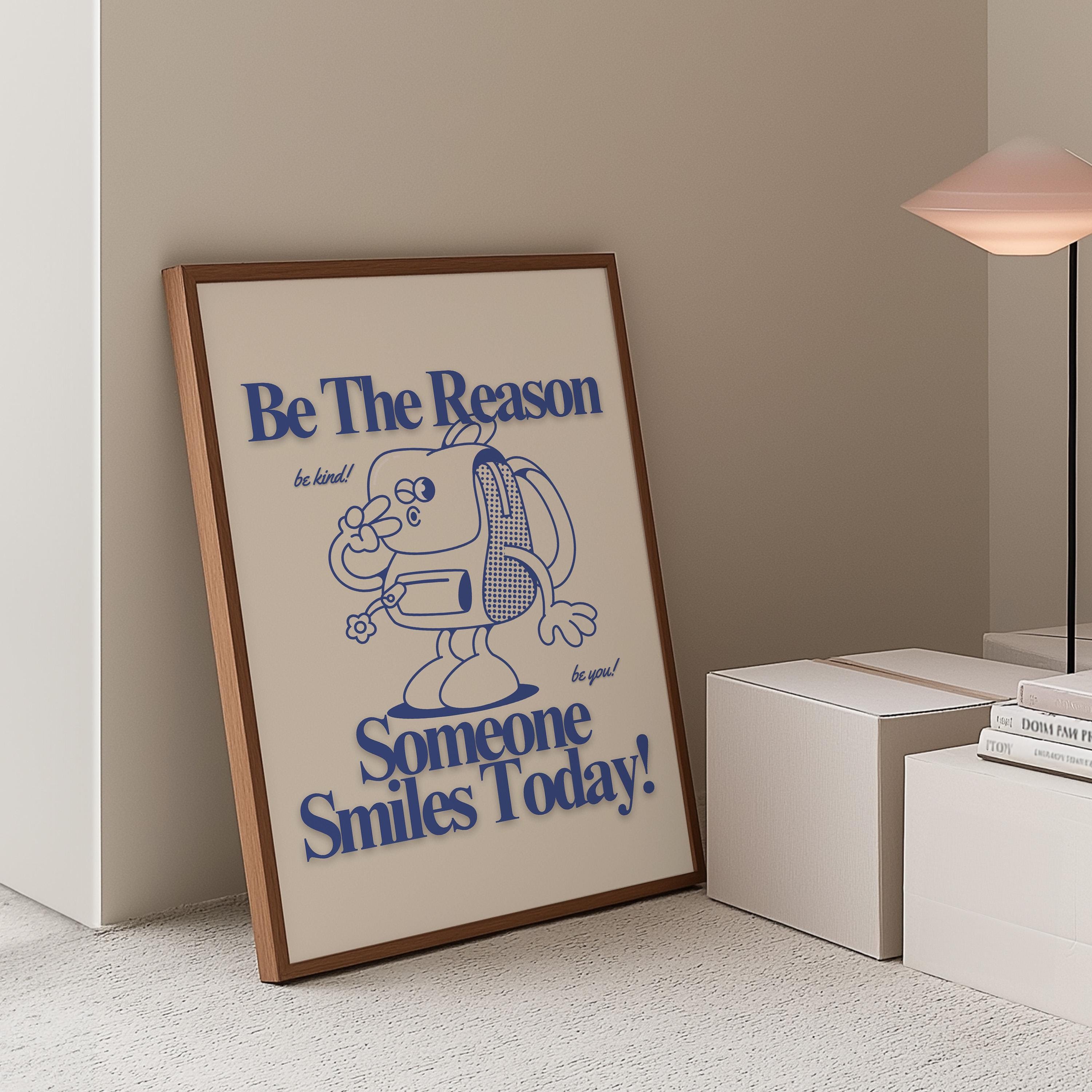 School Art Print, Cute Retro Backpack Cartoon & Funky Groovy Minimal Blue Classroom Poster