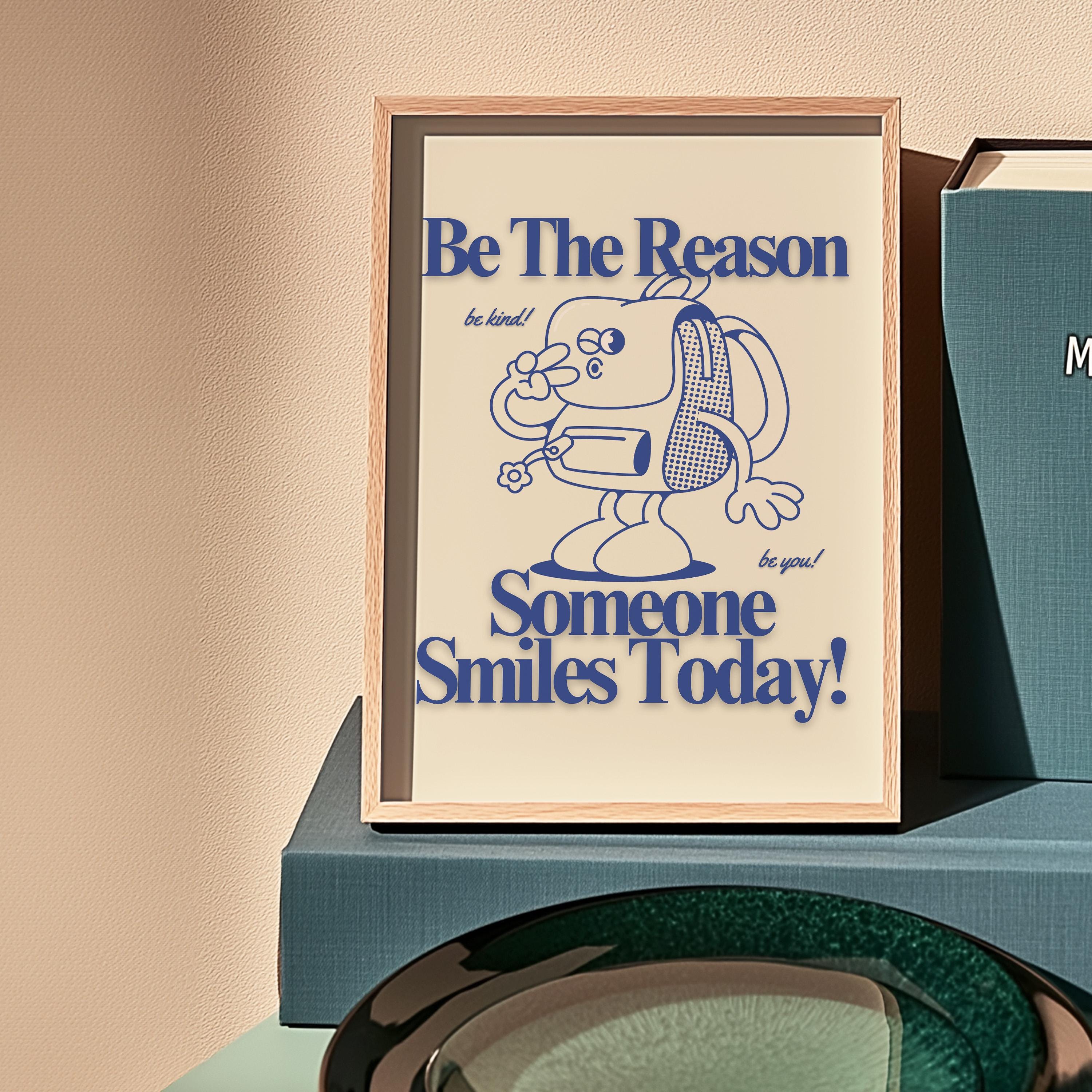 School Art Print, Cute Retro Backpack Cartoon & Funky Groovy Minimal Blue Classroom Poster