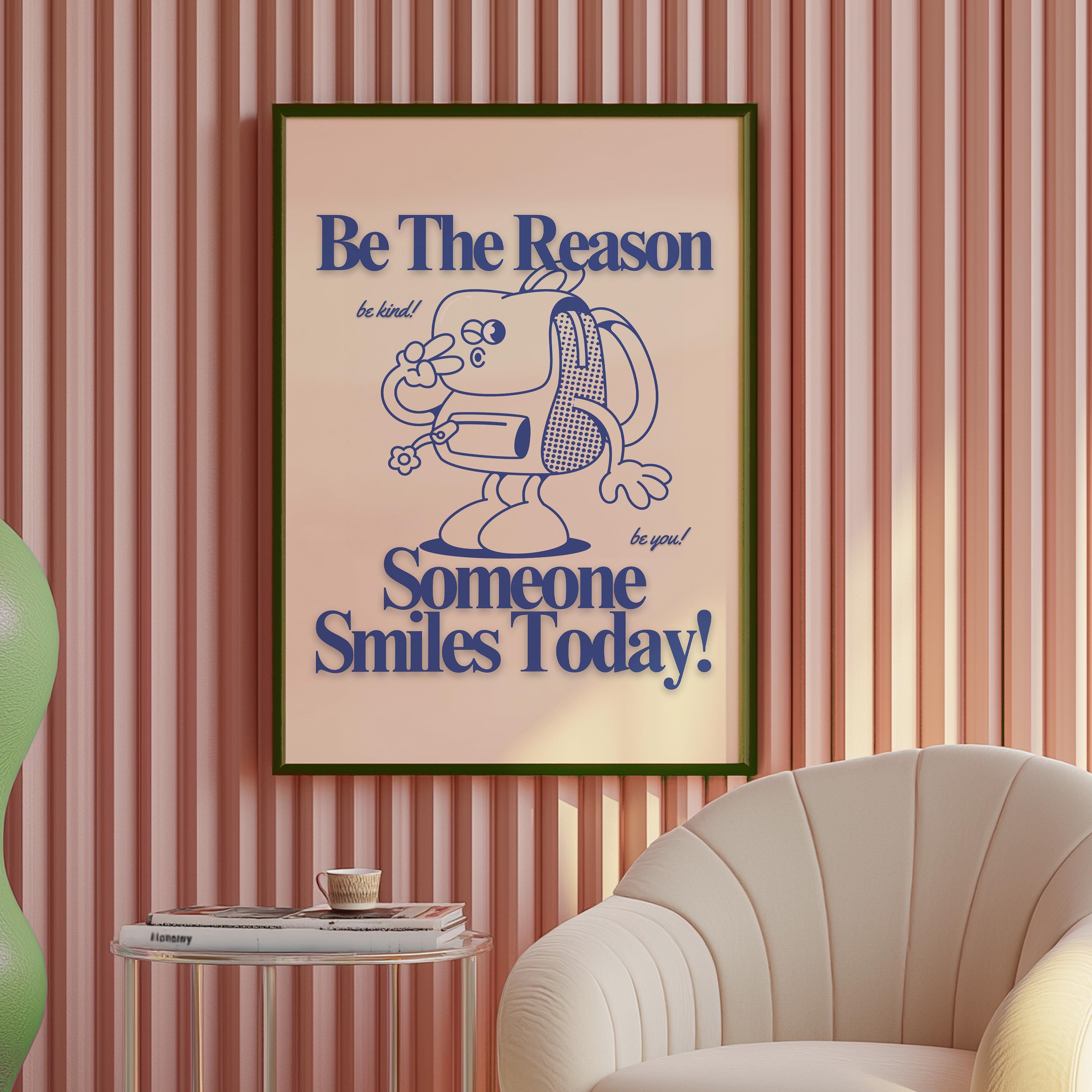School Art Print, Cute Retro Backpack Cartoon & Funky Groovy Minimal Blue Classroom Poster