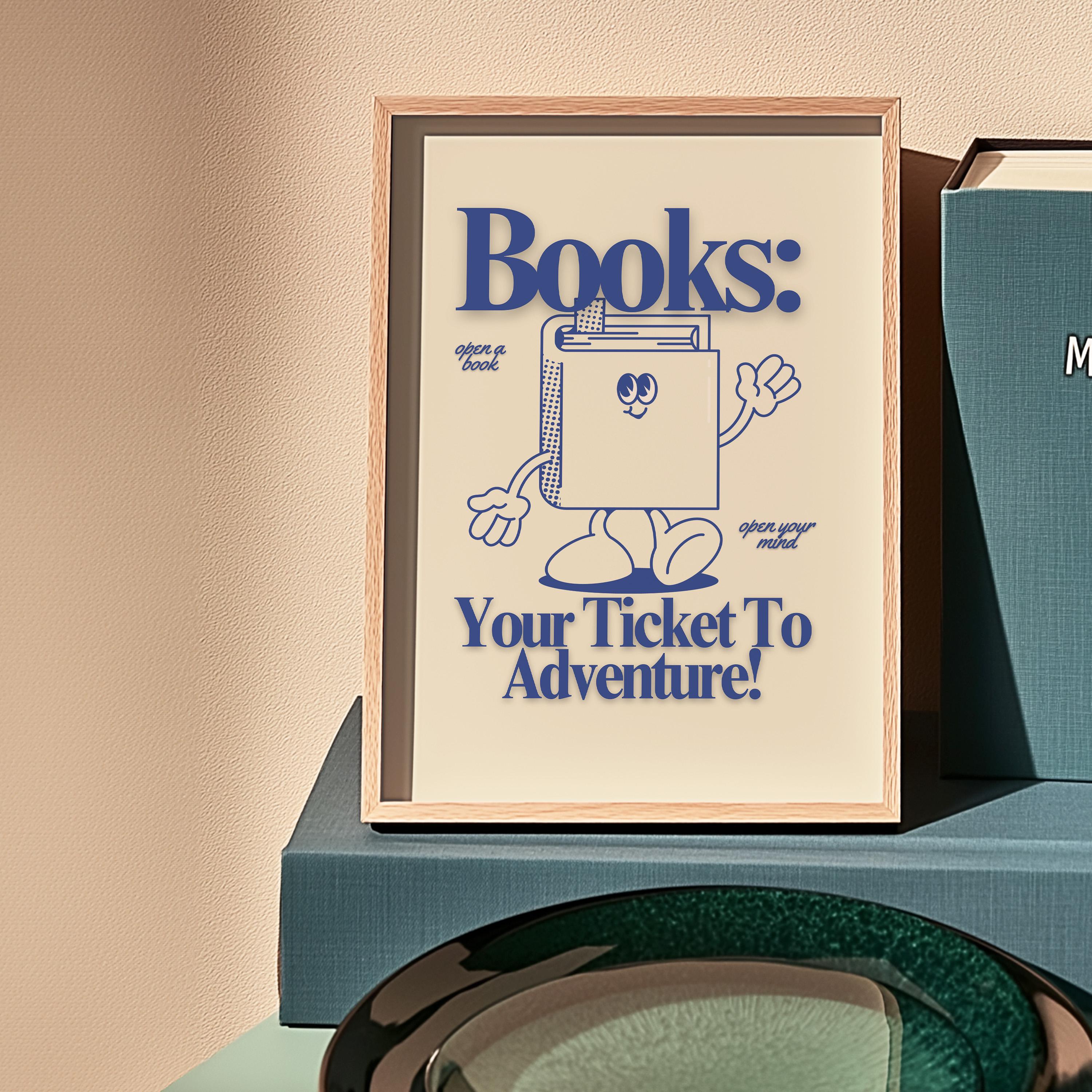 Reading Art Print - Cute Retro Classroom Art, Funky Groovy Blue Poster, Book Cartoon, Retro Mascot Wall Decor for Kids