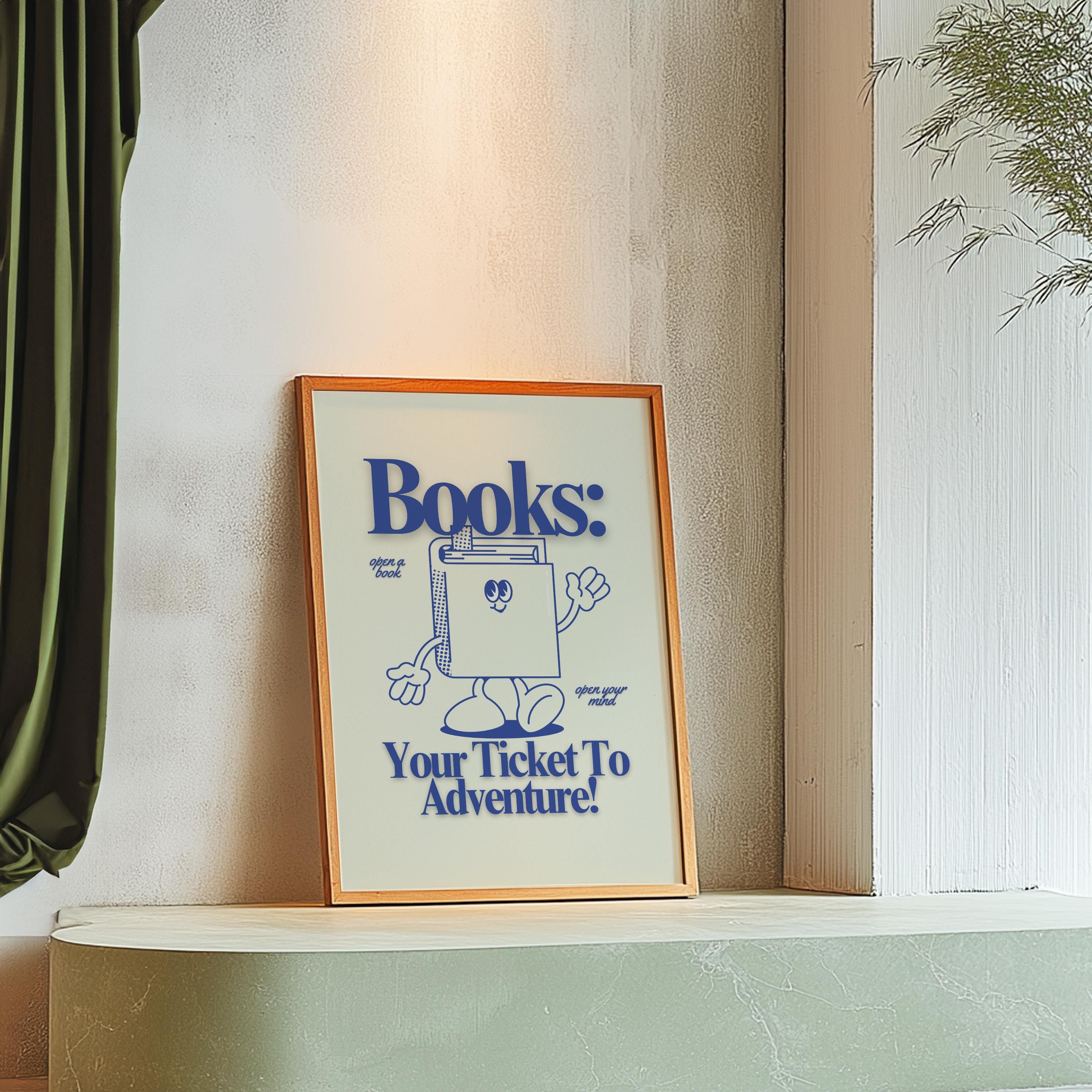 Reading Art Print - Cute Retro Classroom Art, Funky Groovy Blue Poster, Book Cartoon, Retro Mascot Wall Decor for Kids