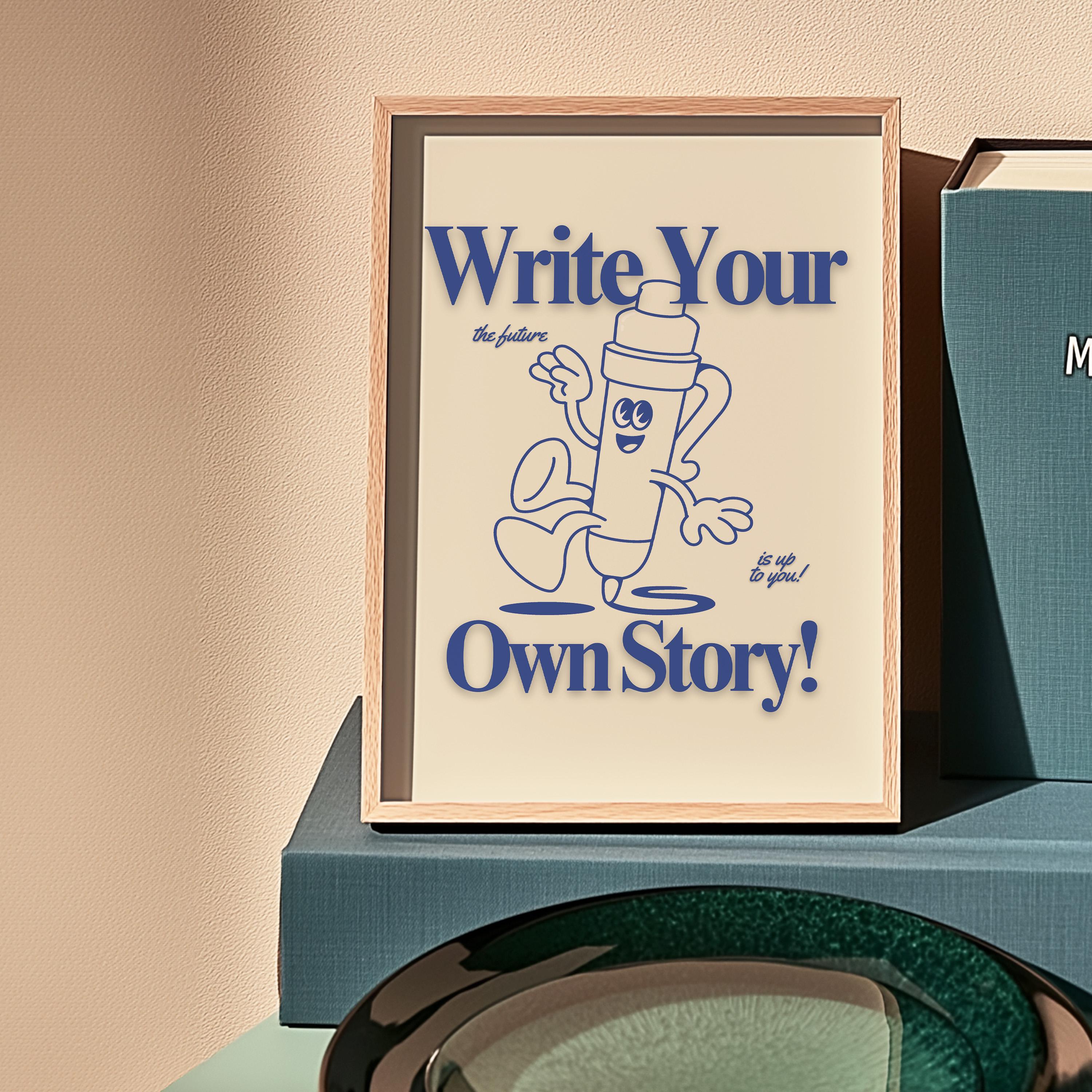 Writing Classroom Art: Cute Retro Print Classroom Poster, Funky Pencil Cartoon, Groovy Blue Decor, Retro Mascot Wall Art