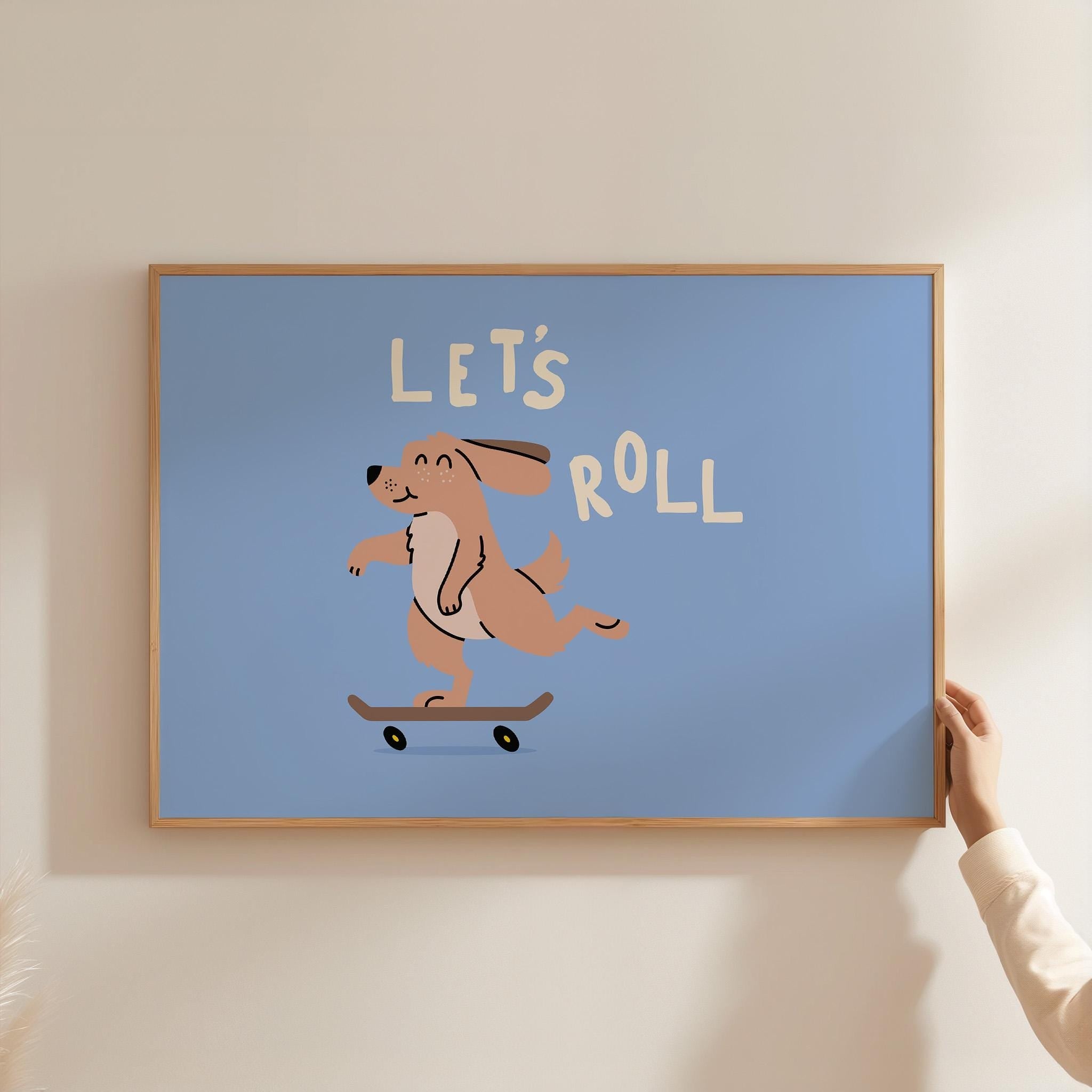 Funny Dog Art, Digital Download, Skateboarding Art Print, Art For Kids Room, Cute Dog Poster, Blue Dog Art Print