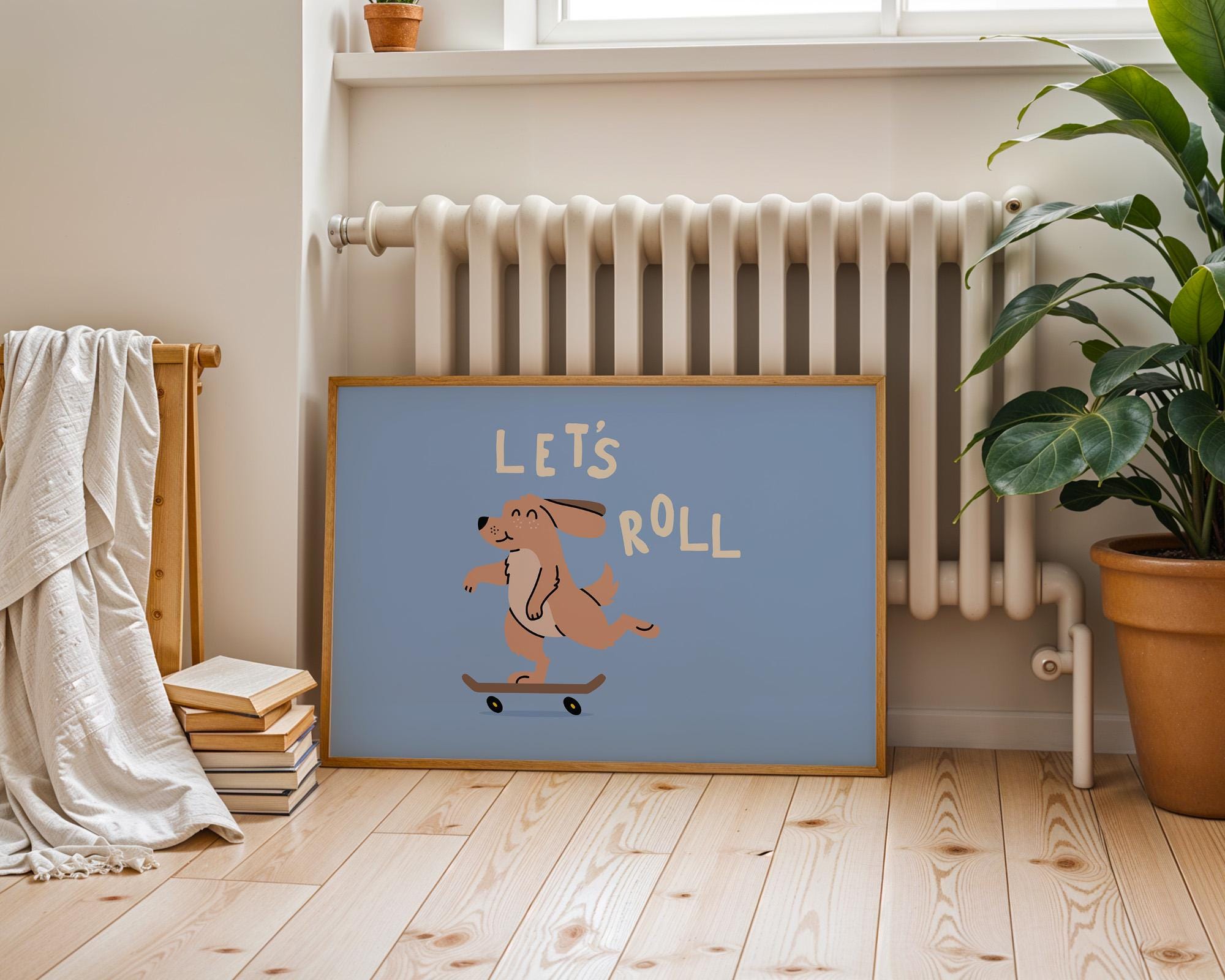 Funny Dog Art, Digital Download, Skateboarding Art Print, Art For Kids Room, Cute Dog Poster, Blue Dog Art Print