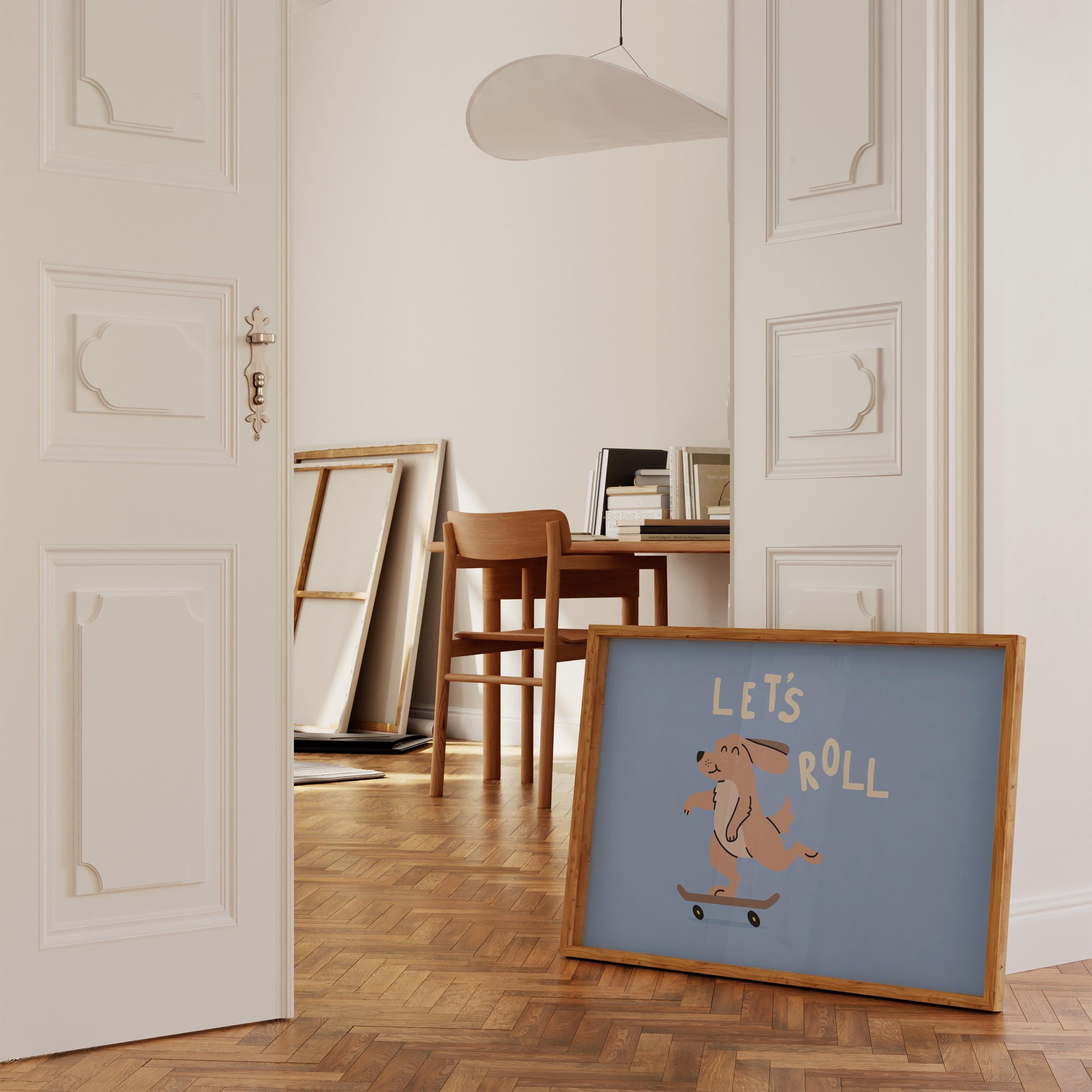 Funny Dog Art, Digital Download, Skateboarding Art Print, Art For Kids Room, Cute Dog Poster, Blue Dog Art Print