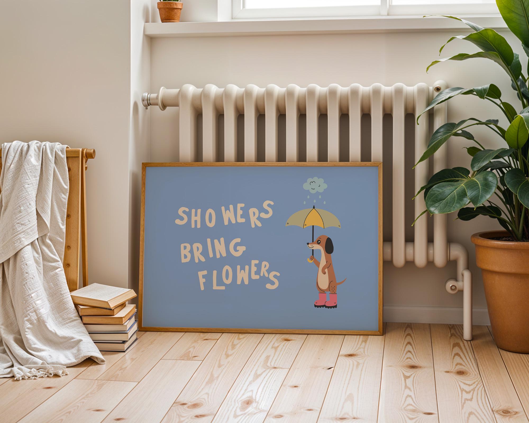 Showers Bring Flowers, Digital Download, Positivity Art Print, Art For Kids Room, Cute Dog Poster, Blue Dog Art Print, Classroom Decor