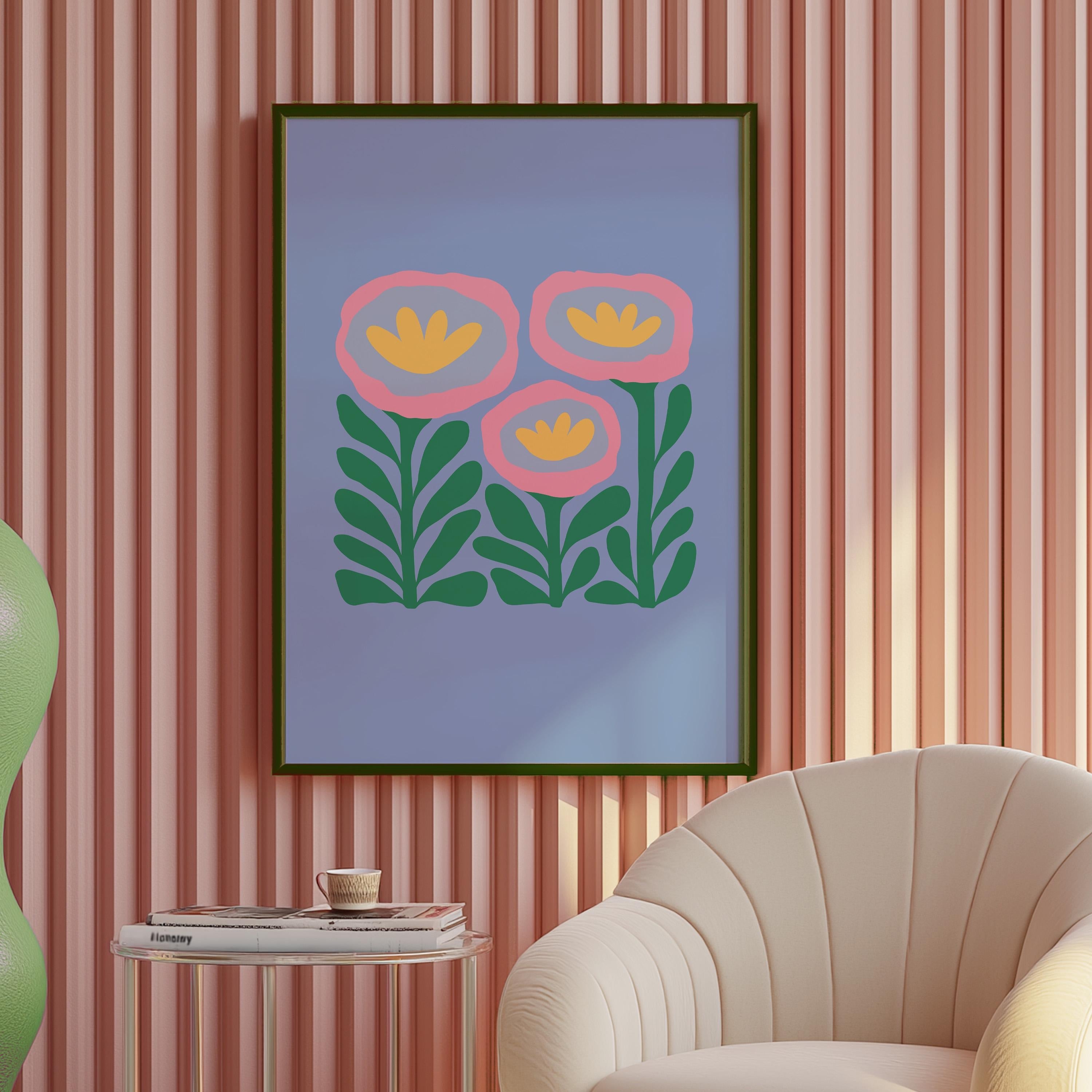 Abstract Flower Poster, Retro Flowers Print, Colourful Abstract Wall Art, Matisse Blue and Pink Flower Print, Boho Flowers Art Print