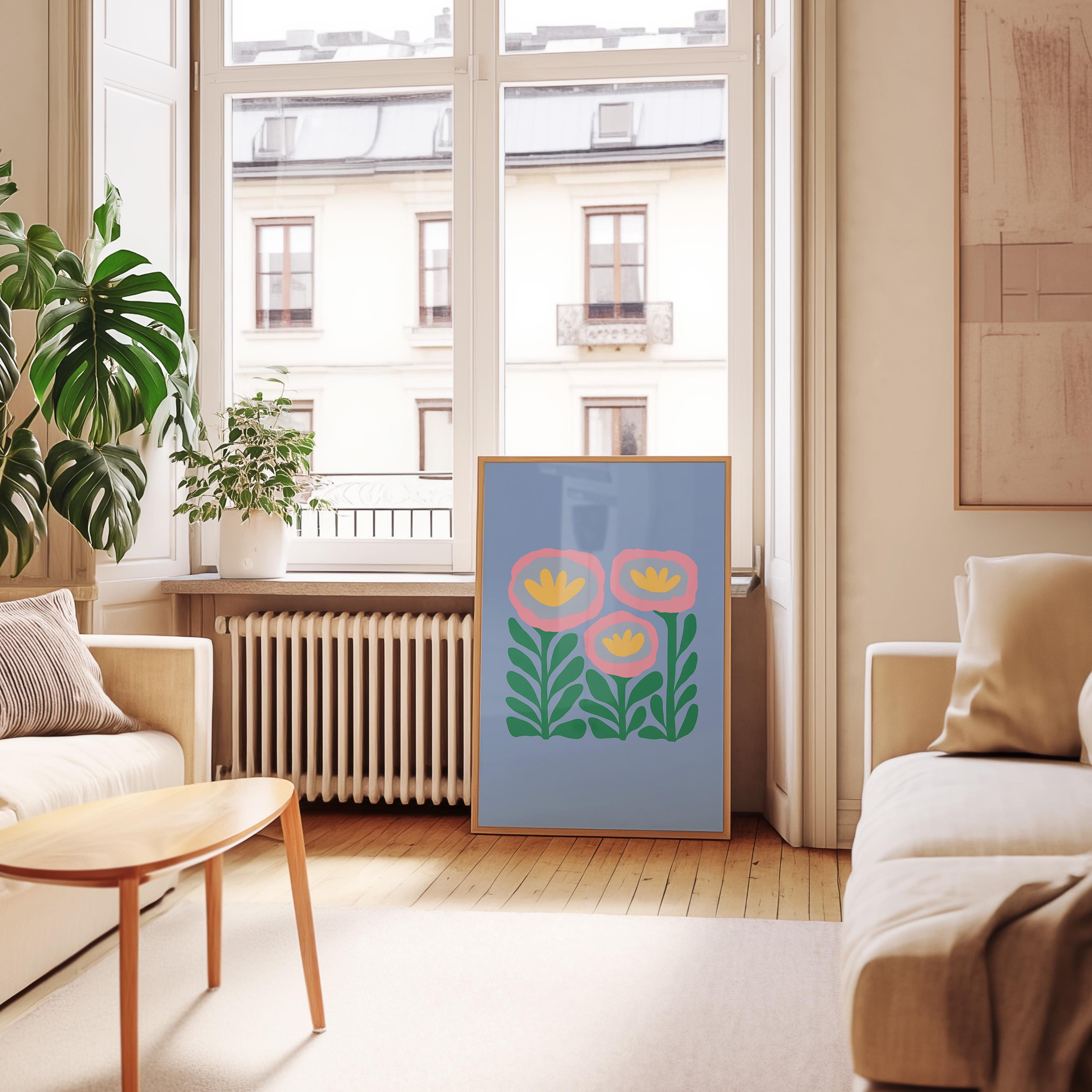 Abstract Flower Poster, Retro Flowers Print, Colourful Abstract Wall Art, Matisse Blue and Pink Flower Print, Boho Flowers Art Print