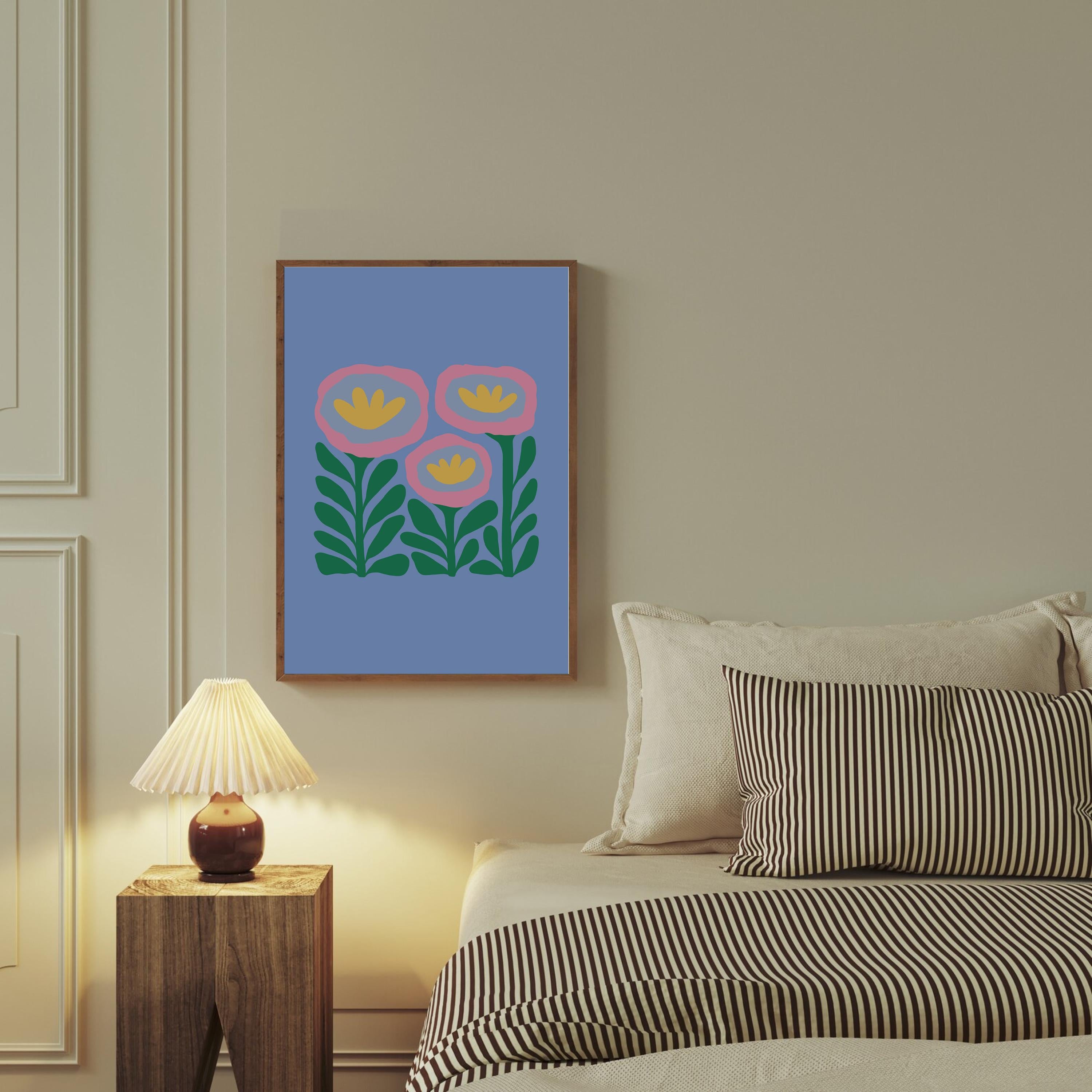 Abstract Flower Poster, Retro Flowers Print, Colourful Abstract Wall Art, Matisse Blue and Pink Flower Print, Boho Flowers Art Print