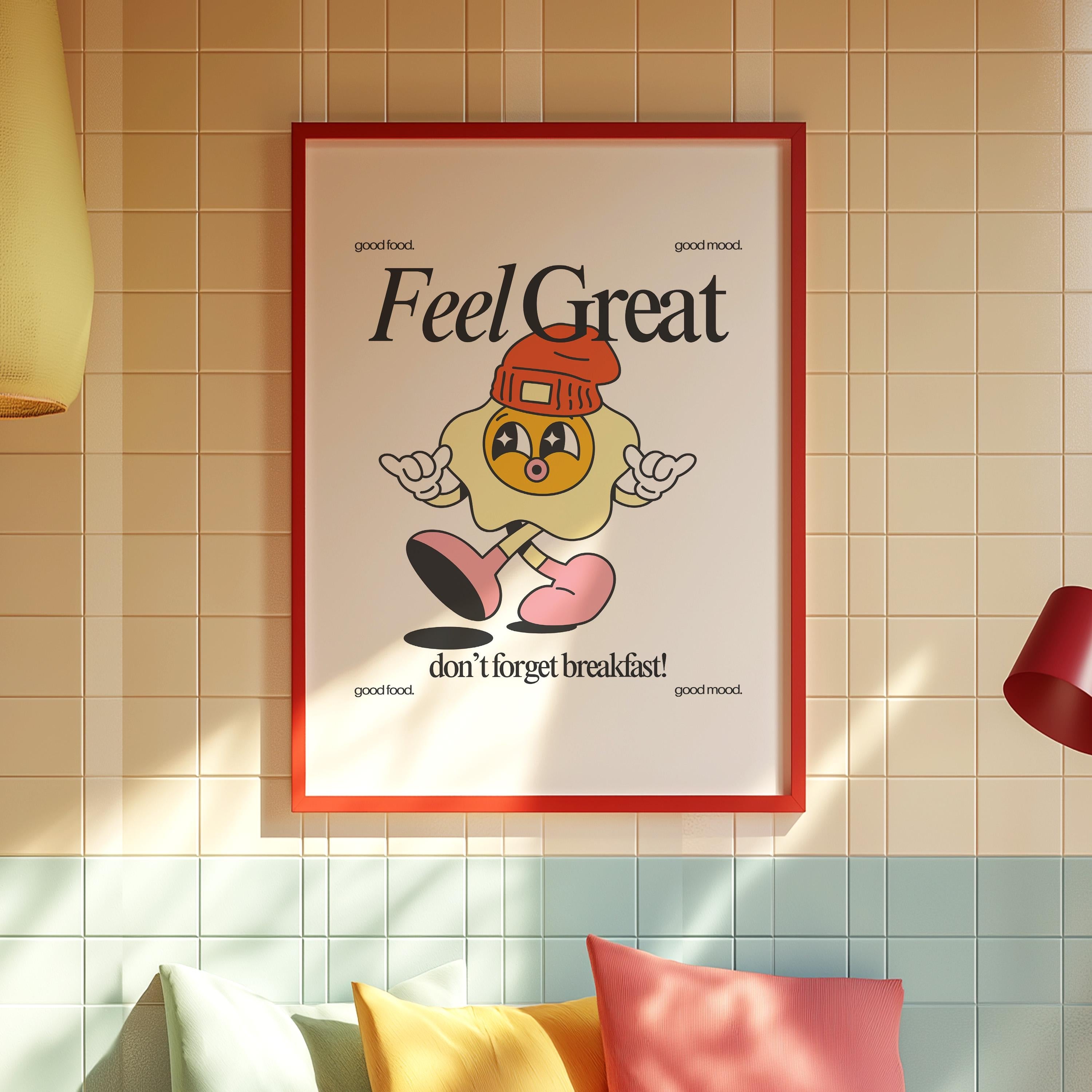 Feel Great Art, Egg Cartoon, Classroom Art, Cute Retro Print, Retro Mascot Print, Groovy Minimal Retro Poster, Be Kind Art, Kindness print