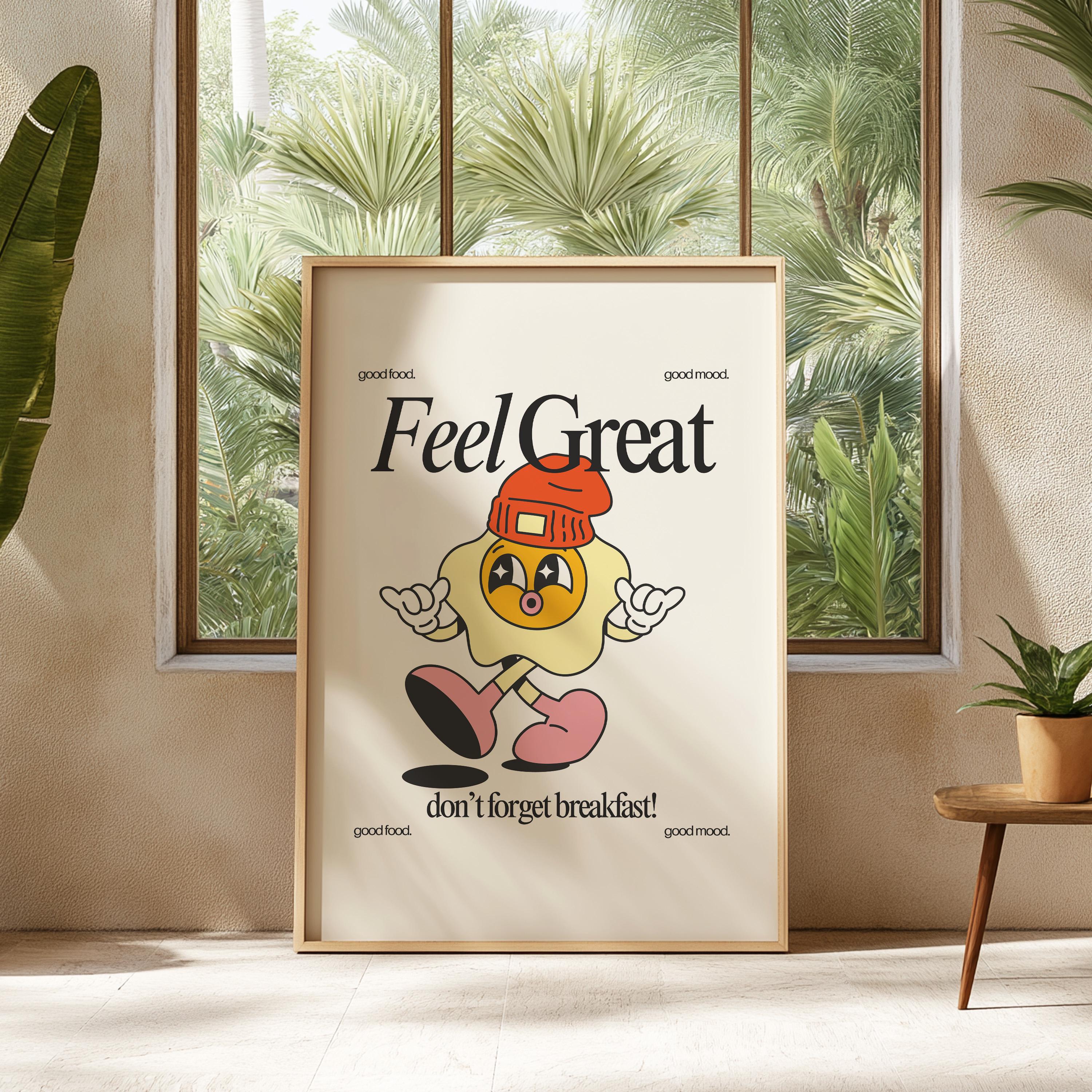 Feel Great Art, Egg Cartoon, Classroom Art, Cute Retro Print, Retro Mascot Print, Groovy Minimal Retro Poster, Be Kind Art, Kindness print