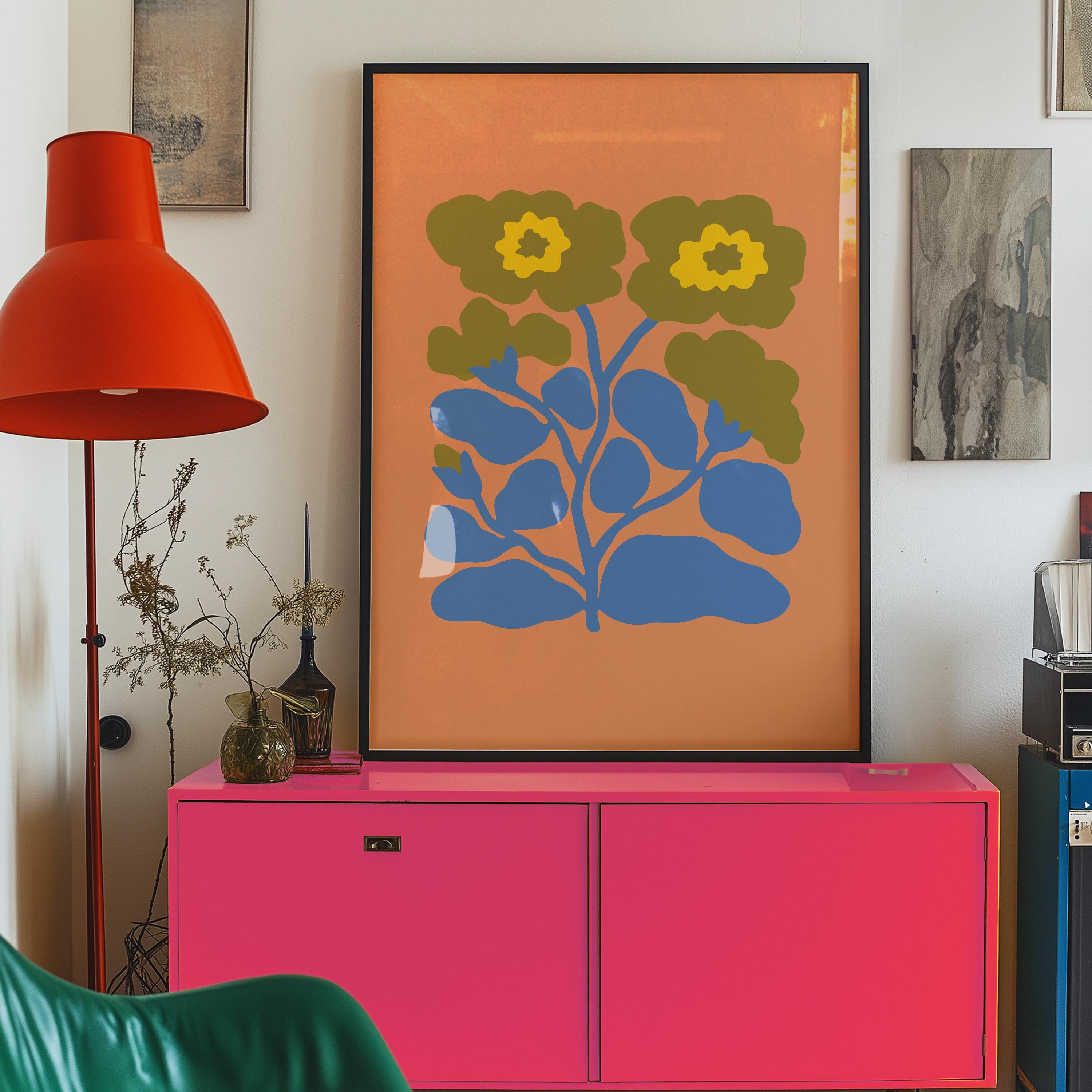 abstract floral art, orange flower posters, digital download, blue floral art print, 70s style floral art, Maximalist Art, groovy flower